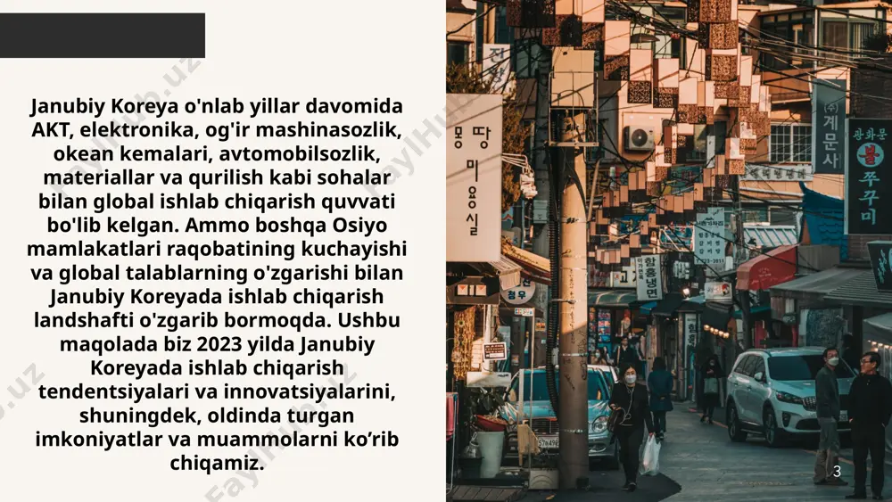 shu paytgacha hyundai, kia, samsung, va boshqa kompaniyalar dunyo boʻylab tan olingan. hukumatning qoʻllab-quvvatlashi: 1962-yilda koreya hukumati „avtomobil sanoatini rivojlantirish siyosati“ va „avtomobil sanoatini himoya qilish toʻgʻrisida“ qonunlarini eʼlon qildi. hukumat avtomobilsozlik sanoatini rivojlantirish uchun yangi kompaniyalar tashkil etishga olib keldi. xorijiy kompaniyalar bilan hamkorlik: koreya avtomobilsozlik sanoati uchun xorijiy kompaniyalardan qismlar import qilinib, mahalliy kompaniyalar bilan birlashtirilgan. toyota, general motors, va boshqa kompaniyalar bilan hamkorlikda ishlab chiqarish amalga oshirilgan. innovatsiya va teknologiyalar: janubiy koreya avtomobilsozlik sohasida innovatsiyalar va texnologiyalar sohasida ham yuqori darajada rivojlangan. 11 global raqamlashtirish tendentsiyasi faqat janubiy koreya elektron sanoatining mavqeini mustahkamladi. u nafaqat maishiy elektronikaning butun assortimentini, balki telekommunikatsiya uskunalarini ham ishlab chiqaradi, yarimo'tkazgich sanoati yaxshi rivojlangan. agar lg, samsung va daewoo electronics yetakchi kompaniyalari bo‘lgan maishiy elektronika bozori haqida gapiradigan bo‘lsak, unda o‘rtacha yillik ishlab chiqarish 17 milliard dollardan oshadi – uskunaning asosiy qismi eksport qilinadi. integratsiyalashgan sxemalar, diodlar va tranzistorlar barcha zamonaviy raqamli …