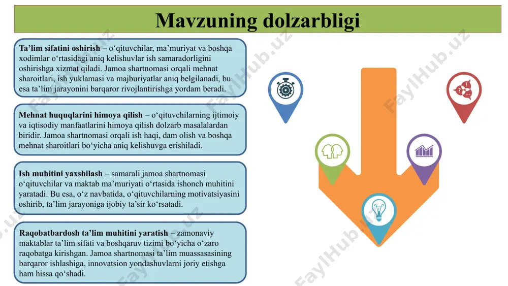 onlar o‘rtasida hamkorlikni mustahkamlashga xizmat qiladi. natijada, ta’lim jarayonining sifatini oshirish va boshqaruv samaradorligini ta’minlash imkoniyati yaratiladi. shvetsiyada maktablar avtonomiyasini oshirish maqsadida jamoa shartnomalari tuziladi. bu shartnomalar orqali maktablar o‘z ehtiyojlariga mos ravishda boshqaruv qarorlarini qabul qilish imkoniyatiga ega bo‘ladilar. shuningdek, o‘qituvchilar va ota-onalar bilan yaqin hamkorlik o‘rnatilib, ta’lim sifatini yaxshilashga erishiladi. mavzu yuzasidan xorijiy davlatlar tajribalari mavzuni qiyosiy tahlil etilganligi t/r amaldagi holat (o‘zbekistonda) amaldagi holat (xorijda) takliflar 1 aksariyat maktablarda jamoa shartnomalarida o’qituvchilar , ota onalar xamkorligini kuchaytirishdagi e’tiborsizlik yaponiyada maktab boshqaruvida jamoa shartnomalari orqali o‘qituvchilar, ota-onalar va jamiyat vakillari o‘rtasida hamkorlikni kuchaytirish amaliyoti mavjud. bu yondashuv ta’lim jarayonining samaradorligini oshirish va boshqaruv tizimini takomillashtirishga yordam beradi. tuzilayotgan jamoa shartnomasida o’qituvchilar ota-onalar va jamoat vakillari ning ishtirokini ta’minlash 2 jamoa shartnomasining mazmun mohiyatini maktabning barcha pedagoglarga yaxshi tushuntirishdagi kam semenarlar tashkil etilishi. germaniyada maktab boshqaruvi jarayonida jamoa shartnomalari keng qo‘llaniladi. bu shartnomalar o‘qituvchilar, ota-onalar va boshqa manfaatdor tomonlar …