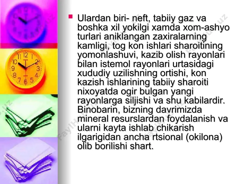 yili 8 ming tonna mis ishlab chiqiladi. amaldagi ishlab turgan konlar misni yana 40-50 yil, qo’rg`oshin va qalayni 100 yil mobaynida ishlab chiqarishni ta’minlashga qodir. rangli metallar zahiralari rangli metallar zahiralari asosan olmaliq kon rayonida joylashgan. qalmoqqir mis koni noyob hisoblanadi. bu konning rudasini qayta ishlash mamlakatdagi eng yirik korxonalardan biri olmaliq kon- metallurgiya kombinatida amalga oshiriladi. shuningdek, bu sanoat rayonida mis, molibden, oltin, kumush, reniy, tellur, selen va boshqa katta zahiralarga ega bo’lgan dalniy koni bor. qo’rg`oshin-qalay metallari olmaliqdagi qo’rg`oshinkon, jizzax viloyatidagi uchquloch va surxondaryo vildoyatidagi xondiza konlaridan olinadi. bu konlarda yana yo’ldosh metallar – mis, kumush, kadmiy, selen, oltin va indiy ham uchraydi. o’zbekistonda molibdenli formastiyalar ham bor. chotqol-qurama tog`lari vismutga boy. janubiy farg`ona belbog`ining o’zidan 100 dan ortiq simob va 10 dan surma rudalanishlar aniqlangan.