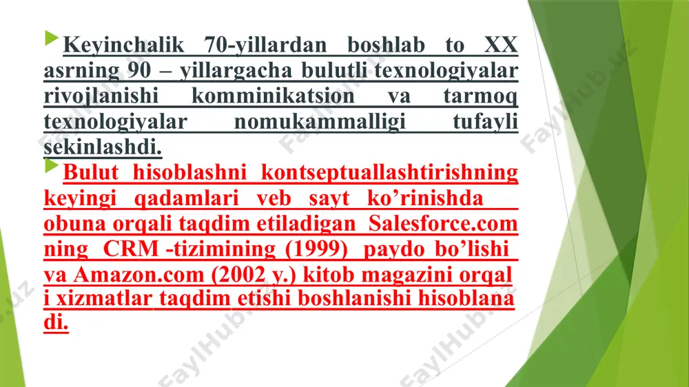 modellari gibrid bulut - bu noyob ob'ektlar bo'lib qoladigan, lekin ma'lumotlar va ilovalarni uzatish uchun standartlashtirilgan yoki xususiy texnologiyalar bilan o'zaro bog'liq bo'lgan ikki yoki undan ortiq turli xil bulutli infratuzilmalarning (xususiy, jamoat) birikmasidir (masalan, balanslash uchun umumiy bulut resurslaridan qisqa muddatli foydalanish) bulutlar orasidagi yuklar). ommaviy (ijtimoiy) bulut - bu umumiy vazifalari bo'lgan tashkilotlardan ma'lum iste'molchilar jamoasi tomonidan foydalanish uchun mo'ljallangan infratuzilmaning bir turi. ommaviy bulut bir yoki bir nechta jamoat tashkilotlari yoki uchinchi tomon tomonidan (yoki ularning har qanday kombinatsiyasi) birgalikda egalik qilishi, boshqarilishi va boshqarilishi mumkin va u jismonan egasining yurisdiksiyasi doirasida ham, tashqarisida ham mavjud bo'lishi mumkin. cloud texnologiyasi amalga oshiradigan ishlar bulutli hisoblash xizmati asosan 3 xil modelda xizmat koʻrsatiladi: dasturiy vosita xizmati (iglizcha software as a service), platforma xizmati (iglizcha platform as a service) va infrastruktura xizmati (iglizcha infrastructure as a service). bunda infrastruktura xizmati eng quyi xizmat turi boʻlib, qolgan yuqori xizmat turlari …