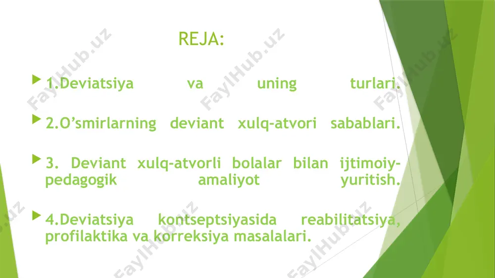 an xulq-atvorni jamiyat rivoji va svilizatsiyasini bola shaxsiyatining xususiyatlarini inobatga olmaslik oqibatida buzilishiga olib keluvchi bolaning jamiyat bilan munosabati sifatida tushunsak bo’ladi. chetga chiquvchi xulq-atvor ijtimoiy dezadaptatsiya ko’rinishlaridan biri hisoblanadi. -maktabga qatnamaydigan maktab yoshidagi bolalar, -yetim bolalar, - ijtimoiy yetimlar, bolalar uylarida joylar yetishmasligi sababli ular oylab o’z navbatlarini ota-onalik huquqidan mahrum etilgan ota-onalari bilan yashagan holda kutishadi. shu bilan birga ular tuzuk ovqatlanishmaydi, jismoniy, ruhiy, jinsiy qiynoqlarga duchor bo’lishadi. bolalar va o’smirlar dezadaptatsiyasi haqida gapirganda bu jarayonga giriftor bo’lgan bolalar toifalarini aniqlab olish lozim: -giyohvand va toksin moddalar iste’mol qiluvchi bolalar, -jinsiy intizomsiz bolalar, -g’ayrihuquqiy xatti-harakatlar sodir etgan bolalar. rasmiy ma’lumotlarga ko’ra ularning soni kattalarga qaraganda ikki hissa tez oshmoqda. deviatsiya deviant, delikvent jinoiy xulq-atvordan iborat. deviant xulq-atvor -mikro ijtimoiy munosabatlar (oilaviy, maktabdagi munosabatlar) va kichik ijtimoiy guruhlarga xos bo’lgan ijtimoiy normalar va xulq-atvor qoidalarini buzish bilan bog’liq me’yordan og’uvchi xulq-atvor turlaridan biridir. bu xulq-atvorni g’ayriintizomiy deb atasak ham …