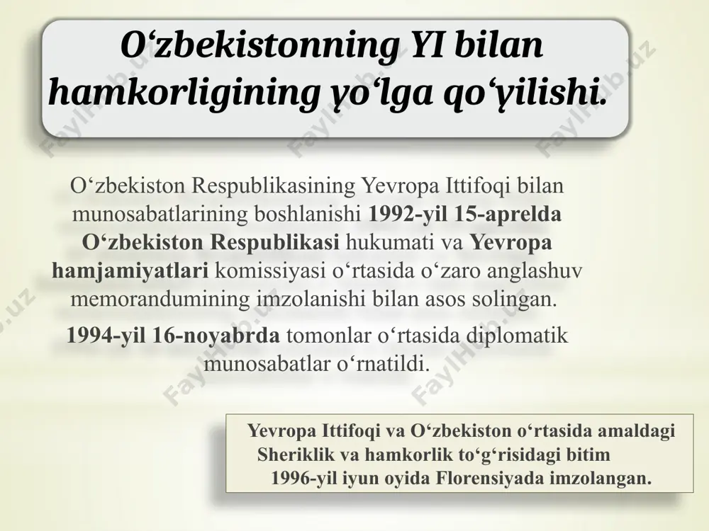 ek, yevropa komissiyasi vitse-prezidenti ketrin eshton o‘zbekistonga tashrif buyurdi, uni prezident islom karimov qabul qildi. 2005-yilgacha respublikamizda yevropa ittifoqiga a'zo mamlakatlarning 145 firma va kompaniyasi vakolatxonalari akkreditatsiya qilindi. yevropalik sarmoyadorlar ishtirokida tashkil etilgan 491 ta korxona faoliyat ko'rsatadi, ulardan 111 tasi yuz foizlik yevropa kapitaliga ega. 1995-2002-yillarda yevropa ittifoqi mamlakatlarining firma va kompaniyalari respublikamizda umumiy qiymati qariyb 8 mlrd aqsh dollarilik yirik sarmoyaviy loyihalarni amalga oshirishda qatnashdi. 2002-yilda o'zbekistonning yevropa ittifoqi mamlakatlari bilan mahsulot ayirboshlash hajmi 1 mlrd 65,8 mln aqsh dollarini, 2003-yilda esa 1,2 mlrd aqsh dollarini tashkil etdi. 1996-yil 21-iyunda florensiya shahrida imzolangan o'zbekiston bilan yevropa ittifoqi o'rtasidagi „sheriklik va hamkorlik to'g'risidagi bitim", uning 1999-yil 1-iyulda kuchga kirishi mamlakatimizning yevropa ittifoqi mamlakatlari bilan o'zaro munosabatlarining huquqiy negiziga aylandi. o'zbekistonning yevropa ittifoqi mamlakatlari bilan siyosiy, iqtisodiy, ilmiy-texnik va madaniy-gumanitar aloqalari yildan yilga rivojlanib, chuqurlashib bormoqda. o'zbekiston prezidenti islom karimovning 2011-yil yanvar oyida bryusselga tashrifi o'zbekistonning yevropa ittifoqi bilan nato …