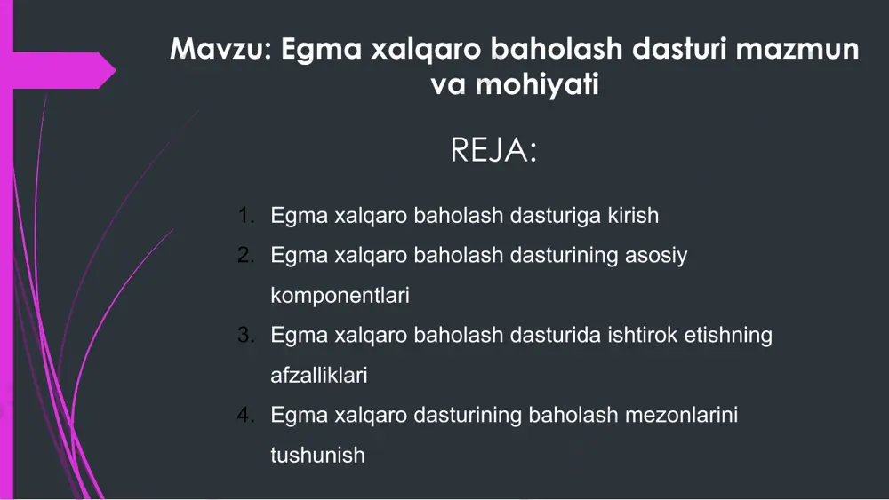 i - u taqdim etadigan tarmoq imkoniyatlari. ishtirokchilar turli mamlakatlardan kelgan mutaxassislar bilan bog'lanib, hamkorlik va bilim almashishni rag'batlantirishlari mumkin. egma xalqaro baholash dasturining ahamiyati egma xalqaro baholash dasturi talabalarning turli fanlar bo'yicha muvaffaqiyati va yutuqlarini baholaydigan keng qamrovli baholash tizimidir. ushbu dastur o'qituvchilarga o'quvchilarning o'rganishi bo'yicha qimmatli tushunchalar berish va talabalar natijalarini yaxshilash uchun o'qitish amaliyotiga rahbarlik qilishda muhim ahamiyatga ega. egma xalqaro baholash dasturida ishtirok etish orqali maktablar va o'qituvchilar o'zlarining o'qitish usullarini yaxshilashlari va o'quvchilarni to'liq salohiyatini ro'yobga chiqarishda qo'llab-quvvatlashlari mumkin. egma xalqaro baholash dasturining ta'limdagi roli egma xalqaro baholash dasturi talabalarning bilim va ko'nikmalarini har tomonlama baholash orqali ta'limda hal qiluvchi rol o'ynaydi. bu o‘quvchilarning o‘z o‘rniga ega bo‘lgan sohalari va takomillashtirishni talab qiladigan sohalarni aniqlashga yordam beradi, bu esa o‘qituvchilarga o‘z ta’lim uslublarini moslashtirish imkonini beradi. egma dasturi yordamida ta'lim muassasalari o'zlarini xalqaro standartlarga moslashtirishlari va doimiy ravishda mukammallikka intilishlari mumkin. egma xalqaro baholash dasturi …