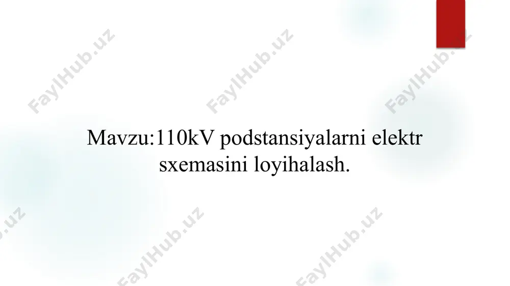 l quvvatlari quyidagi shartga koʻra tanlanadi, (mv·a) demak, gost boʻyicha transformator qatori 2,5 mv·a; 4,0 mv·a; quvvatli trasformatorlarni tanlash tavsiya qilinadi. agar trasformatorlardan biri ishdan chiqsa, elektr ta’minoti toʻxtatilmay, ikkinchisi vaqtinchalik 140 % yuklama bilan ishlashi koʻzda tutiladi. a) ikki hil quvvatli trasformatorlar olish koʻzda tutiladi. i – variant: 2ta tmn-2,5/110 kv uning oʻta yuklanishi, ==0,56 i – variant: 2 ta tmn-4,0/110 kv uning oʻta yuklanishi, ==0,35 elektr stantsiyalarini yoki podstantsiyalarni bosh elektr sxemasini tanlash 1-variant uchun з = рн·кт + и = 0,15*200+57,89=87,89mln so’m кт = к0 · nt= 100*2=200 mln so’m и = uа.т + uэ= 18,6+39,291=57,89 mln so’m uа.т =[(ра +ро )/100]*кт==[(6,3 +3)/100]*200=18,6 mln so’m uэ = b · э= 300*130970=39,291 mln so’m texnik iqtisodiy xisobni minimal keltirilgan sarf xarajatlar boýicha xisoblanadi. podstansiyaning bir chiziqli sxemasi stantsiya va podstantsiyalarda, ehmda qisqa tutashuv toklarini aniqlash. qisqa tutashuv toklari asosan elektr asbob–uskuna parametrlarini tanlash yoki tekshirish, shuningdek, rele muhofazasi …