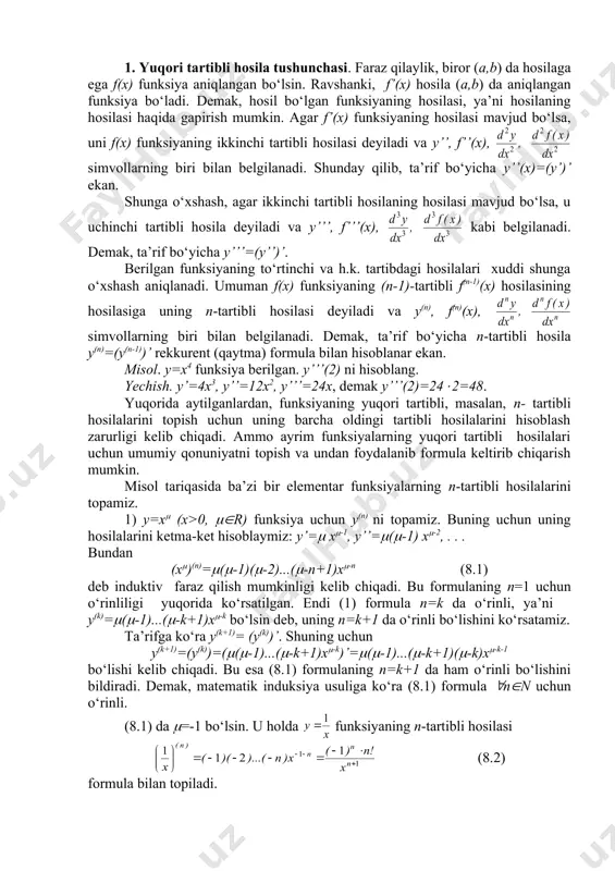 3 18 19 20 190 2 19 20 20 3 20 2 20 1 20 = × × = × × = = × = = ! c , c , c ). x x x ( e y x ) ( 6840 1140 60 2 3 20 + + + = yuqori tartibli hosilalar yuqori tartibli hosilalar reja: 1. yuqori tartibli hosila tushunchasi 2. ikkinchi tartibli hosilaning mexanik ma’nosi. 3. yuqori tartibli hosilaning xossalari. leybnits formulasi 1. yuqori tartibli hosila tushunchasi. faraz qilaylik, biror (a,b) da hosilaga ega f(x) funksiya aniqlangan bo‘lsin. ravshanki, f’(x) hosila (a,b) da aniqlangan funksiya bo‘ladi. demak, hosil bo‘lgan funksiyaning hosilasi, ya’ni hosilaning hosilasi haqida gapirish mumkin. agar f’(x) funksiyaning hosilasi mavjud bo‘lsa, uni f(x) funksiyaning ikkinchi tartibli hosilasi deyiladi va y’’, f’’(x), simvollarning biri bilan belgilanadi. shunday qilib, ta’rif bo‘yicha y’’(x)=(y’)’ ekan. shunga o‘xshash, agar ikkinchi tartibli hosilaning hosilasi mavjud bo‘lsa, u uchinchi tartibli …