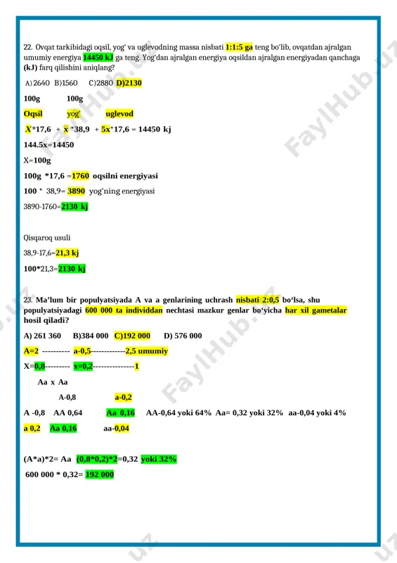 o‘p aabb x aabb f1 aabb aabb x aabb 16 ta 3120 9 sariq silliq---x=1755 nazariy amalda 1745 ta olingan shunda nazariyimiz 10 ta ko’p. 3 3 1 21. diploid navli karam (2n=18) o‘simligi urug‘chisida arxeosporaning meyoz bo‘linishini anafaza i bosqichida mutatsiya tufayli 2 chi va 6 chi juft gomologik xromosomalar tarqalmay bir qutbga o‘tib qoldi va shu qutbdan yirik hujayra rivojlandi. hosil bo‘lgan murtak xaltasi hujayralaridagi jami xromosomalar sonini aniqlang. a) 55 b)88 c)44 d)35 2n=18 n=9 - 2 =7 n=9 +2=11 yirik hujayra megaspora megaspore 3 marta mitoz bo’linib 8 ta n to’plamli hujayrani hosilq qiladi. 8*11= 88 ta javob . 22. ovqat tarkibidagi oqsil, yog‘ va uglevodning massa nisbati 1:1:5 ga teng bo‘lib, ovqatdan ajralgan umumiy energiya 14450 kj ga teng. yog‘dan ajralgan energiya oqsildan ajralgan energiyadan qanchaga (kj) farq qilishini aniqlang? a) 2640 b)1560 c)2880 d)2130 100g 100g oqsil yog’ uglevod x*17,6 + x *38,9 + …