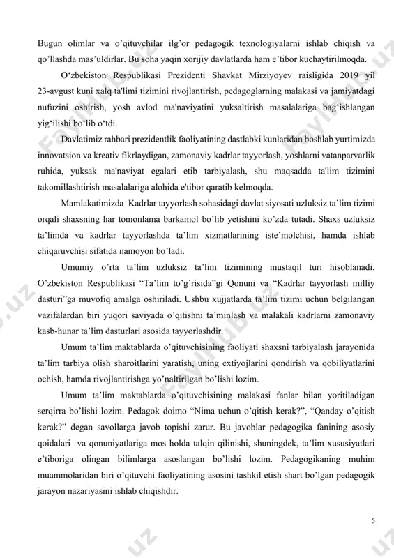 mos holda talqin qilinishi, shuningdek, ta’lim xususiyatlari e’tiboriga olingan bilimlarga asoslangan bo’lishi lozim. pedagogikaning muhim muammolaridan biri o’qituvchi faoliyatining asosini tashkil etish shart bo’lgan pedagogik jarayon nazariyasini ishlab chiqishdir. o’qituvchilar mutaxassislik bo’yicha mavjud bilimlaridan tashqari pedagogik va psixologik bilimlar, texnologiya va o’qitish metodikalariga doir zarur bilimlarini egallagan bo’lishlari kerak. yunesko tomonidan tan olingan pedagogik texnologiya oqimi 30-yillarda aqshda paydo bo’ldi va 70-80 yillarda barcha rivojlangan malakatlarni qamrab oldi. endilikda fan, texnika va innovatsion texnologiyalarning rivojlanishi natijasida o’quv tarbiya jarayonida interfaol uslublar (innovatsion pedagogik va axborot texnologiyalari)dan foydalanib, ta’limning samaradorligini ko’tarishga bo’lgan qiziqish, e’tibor kundan kunga kuchayib bormoqda. hozirgi davrda sodir bo’layotgan innovatsion jarayonlarda ta’lim tizimi oldidagi muammolarni hal etish uchun yangi axborotni o’zlashtiradigan va o’zlashtirgan bilimlarini o’zlari tomonidan baholashga qodir bo’lgan, zarur qarorlar qabul qiladigan, mustaqil va erkin fikrlaydigan shaxslar kerak. shuning uchun ham umum ta’lim maktablarda o’quv-tarbiyaviy jarayonida zamonaviy o’qitish uslublari, ya’ni interfaol uslublar, innovatsion texnologiyalarning o’rni va ahamiyati …