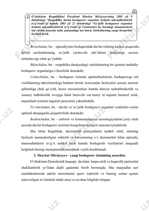 abatlarini to’g’ri tashkil etish hamda boshqarish vazifalarini maqsadli belgilash hozirgi menejmentda murakkab vazifa hisoblanadi. 2. shavkat mirziyoyev– yangi boshqaruv tizimining asoschisi. o’zbekiston demokratik huquqiy davlatni barpo etish va fuqarolik jamiyatini shakllantirish yo’lidan dadil qadamlar bosib bormoqda. shu maqsadlar sari mamlakatimizda adolat mezonlarini qaror toptirish va buning uchun qonun ustuvorligini ta’minlash talabi aniq va ravshan belgilab olingan. mamlakatimizda demokratik islohotlarni yanada chuqurlashtirish va fuqarolik jamiyatini rivojlantirish konsepsiyasi sud – huquq tizimini isloh etish o’zbekistonda saylov huquqini erkinligini ta’minlash va saylov qonunchiligini rivojlantirish demokratik bozor islohotlarini va iqtisodiyotni liberallashtirishni yanada chuqurlashtirish fuqarolik jamiyati institutlarini shakllantirish va rivojlantirish axborot sohasini isloh qilish, axborot va so’z erkinligini ta’minlash davlat hokimiyati va boshqaruvini demokratlashtirish o’zbekiston demokratik huquqiy davlat qurish va fuqarolik jamiyatini shakllantirish yo’lidan borar ekan, bunda inson ma’naviyati beqiyosdir, chunki ma’naviyat – insonning ulg’ayish va kuch – qudrat manbaidir. prezidentimiz shavkat mirziyoyev ta’qidlaganidek “ma’nviyat – insonni ruhan poklanish, qalban ulg’ayishga chorlaydi, odamning ichki dunyosi, …