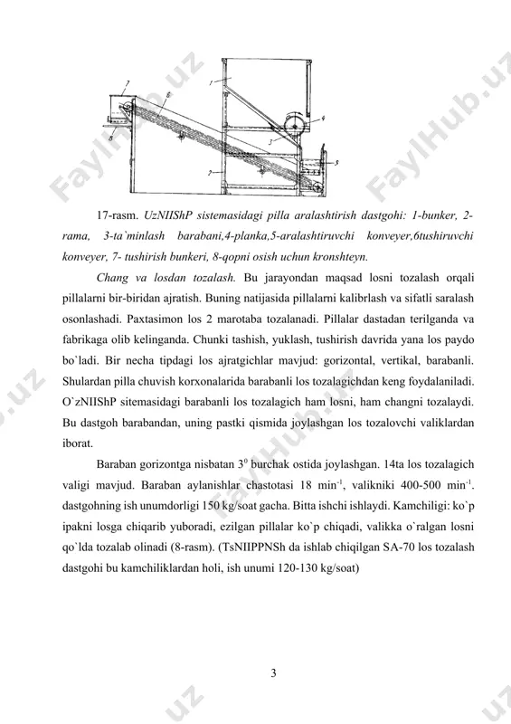 h valiklar, 7-tushirish lotogo, 8-lotok, 9-rolik, 10-yuritmaning tishli aylanasi. pillalarni o`lchami bo`yicha saralash (kalibrlash). saralashdan maqsad o`lchamlari - uzunligi va kengligi bo`yicha guruhlab ishlab chiqarish partiyalariga yig`ish. pillalar yarim sharlar qirqim diametrining eng kattasiga qarab 3-4 ta kalibrga bo`linadi. valikli, barabanli va pnevmatik kalibrlash dastgohlari mavjud bo`lib, shulardan uzniishp sistemasidagi barabanli kalibrlash dastgohi keng ko`lamda ishlatiladi. аsosiy mexanizm baraban 3 ta sektsiyaga bo`lingan bo`lib, sektsiyalar temir chiviq bilan o`rab chiqilgan, chiviqlar orasidagi teshik birinchi sektsiyada 15 mm, ikkinchisi 18 mm, uchinchi 21 mm yoki mos holda 16: 19: 22 mm bo`lishi mumkin. baraban 1,820 qiya joylashganligi sabab, bir sektsiyadan ikkinchi sektsiyaga pillalar o`ta oladi. barabanning aylanishlar soni 12 min-1. dastgohning ish unumdorligi 150 kg/soat (9-rasm) (bundan tashqari chiviqlari ko`ndalang tushirilgan tsniinpnish konstruktsiyasi bo`yicha ishlab chiqilgan mk kalibrlash dastgohi mavjud. sа-70 bilan agregat bo`lib ishlaydi.). 19-rasm. uzniishp sistemasidagi kalibrlash mashinasi. 1-rolikli tayanch, 2-baraban, 3-shetka, 4-kolosnik, 5-chuyan aylana, 6-lopast. pillalarni qattiqligi va …