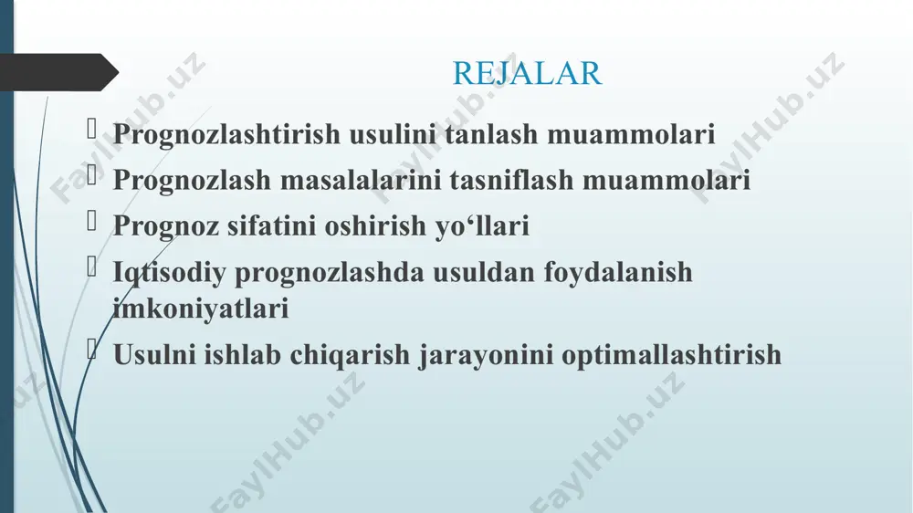 ida natija biror oraliqdagi kabi bir vaqtda xam o‘rnatilishi mumkin (masalan, mexnat samaradorligining o‘sish sur’atlarini uning fond bilan ta’minlanganlik sur’atiga bog‘lab topish). prognozlash masalalarini tasniflash muammolari zaif strukturalangan muammolar. omil va natija orasidagi bog‘lanishning yuqori bo‘lmagan zichlik darajasi bilan farqlanadi. natija ko‘rsatkichi bunda juda katta oraliqda o‘zgaradi (masalan, ob-xavo sharoitlariga bog‘liq bo‘lgan qishloq xo‘jalik ekinlarining xosildorligini aniqlash). prognozlash masalalarini tasniflash muammolari strukturalanmagan muammolar. natija ko‘rsatkichining o‘zgarish funksiyasini oldindan aytish qiyin (masalan, texnika va texnologiyaning moliyalash xajmiga qarab rivojlanishi va boshqalar). prognozlash usullari va ularning prognoz vazifalarini yechish bo‘yicha imkoniyatlari o‘rtasidagi muvofiqlik usullar sinfi prognozlash ob’ektlari sinfi murak-kablik oraliq determi-nantlik vaqt mobaynidagi xarakteri axborot ta’minoti standart funksiyalarni tanlab ekstrapolyasiya qilish 1,2 1 1,2 2,3 1,2 aylanib o‘tish egri chizig‘i bo‘yicha ekstropolyasiya 1,2 1 1-3 1,2 1,2 avtoregression modellar 1 1 2,3 2,3 1 juft regressiyalar 2 1 2,3 2 1,2 ko‘p omilli regressiyalar 3,4 2-5 2 2,3 1,2 ko‘p omilli modellar …