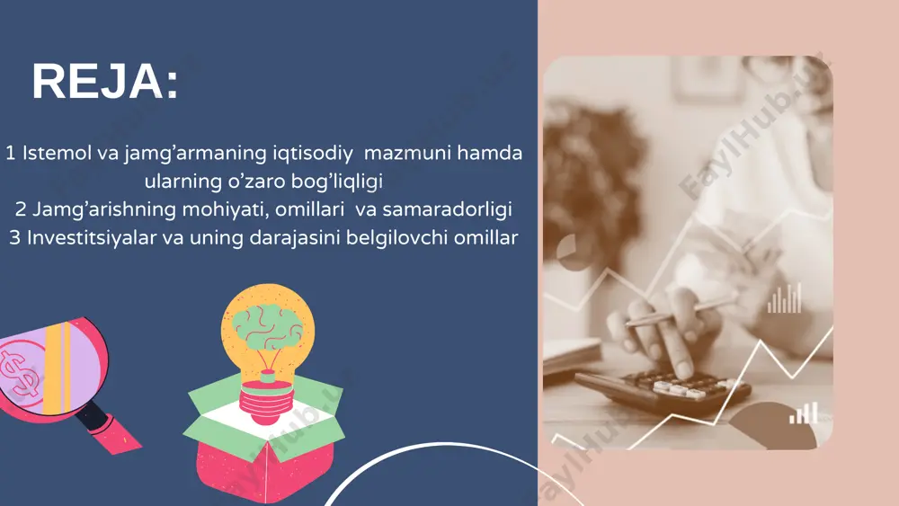 da unga ta’sir ko’rsatuvchi omillar o’rtasidagi bog’liqlik iste’m0l va jamg’arma funktsiyasi deyiladi klassik iqtisodiyotchilar fikriga ko’ra iste’mol real foiz stavkasining pasayib boruvchi funktsiyasi hisoblaniladi keyns fikriga ko’ra iste’mol- uy xo’jaliklari joriy daromadlaring o’sib boruvchi funktsiyasi hisoblaniladi iste’mol va jamg’armaga ta’sir kor’satuvchi ob’ektiv omillar 1 - barcha xo’jaliklar tomonidan jamg’arilgan mol-mulk darajasi 2- narx darajasi 3 - real foiz stavkalari 4 - iste’molchining qarzdorlik darajasi 5 - iste’molchining soliqqa tortish darajasi iste’mol va jamg’armaga ta’sir kor’satuvchi sub’ektiv omillar 1 - iste’mol va jamg’armaga bo’lgan moyillik 2 - kelgusidagi narx 3 - pul daromadlari 4 - soliq 5 - tovar mavjudligi darajasing o’zgarishiga nisbatan munosabat aholi daromadining iste’molga sarfalanadiga sarflanadigan ulushi iste’molga o’rtacha moyillik deyiladi (io’m) io’m= c y aholi daromadining jamg‘armaga ketadigan ulushi jamg’armaga o’rtacha moyillik deyiladi (jo’m) jo’m= iste’mol sarflar hajmi sof daromad hajmi = jamg’arma hajmi sof daromad hajmi = s y jamg’arish milliy daromad bir qismining asosiy va …