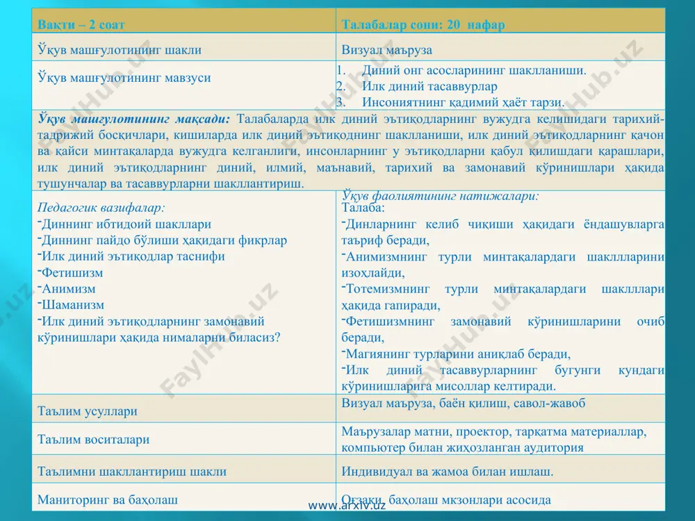 и тарқатади. топшириқлар билан танишадилар. 1.4. саволлар бериб суҳбат тарзида талабалар билимларини жонланти-ради. жавоб берадилар, ёзиб оладилар 2-босқич. асосий (60 дақиқа) 2.1. талабаларни 2 та гуруҳга аж-ратади. гуруҳларга савол билан му-рожаат қилади. савол: “диннинг ибтидоий шакллари ҳақида нималарни биласиз?” гуруҳларда ишлашни ташкил этиб, ёрдам беради. жадвални тўлдиришни таклиф этади, тақдимотга тайёрлайди. 2 та кичик гуруҳларга ажраладилар. гуруҳларда ишлайдилар, жадвални тўлдириб, тақдимотни тайёрлайдилар. 2.2. “қандай?” органайзеридан фой-даланган ҳолда “диннинг қандай ибтидоий шакл турларини биласиз?” деб савол билан мурожаат қилади. жамоа бўлиб “қандай?” органайзерини тўлдирадилар 2.3. 3 мавзу саволлари бўйича баҳс-мунозара ўтказади. мавзу бўйича муаммони ҳал қилишга оид фикрларни тизимлаштириш, ягона ёки аксинча қарама-қарши позицияни шакллантиришга имкон беради. талабаларни фаоллаштириш мақ-садида уларга жонлантирувчи саволлар билан мурожаат қилади. саволларни умумлаштириб, якуний хулоса чиқаришга имкон яратади. мавзу саволлари ва ғояси билан танишади, баҳс-мунозара юритиб, фикр алмашади, таклиф қилади, муҳокама қилади, баҳолайди ва энг оптимал фикрни танлайди. 3-босқич. якуний (10 дақиқа) 3.1. мавзу бўйича якунловчи …