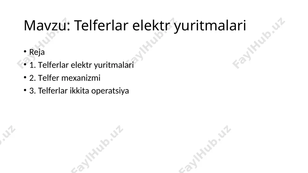 nal va sekin tezlikli elektr yuritmalar qo’llaniladi. buning uchun ikki tezlikli asinxron motor qo’llaniladi konsulli telferli kranni tuzilishi. telfer (inglizcha telpher, qadimgi yunoncha tῆle "uzoq" + phthrō "ko'taruvchi") - bu yukni vertikal ravishda ko'tarish va ombor atrofida nurlar bo'ylab harakatlanish uchun sezilarli tezlikni ta'minlaydigan elektr haydovchiga ega bo'lgan to'xtatilgan ko'tarish moslamasi (ko'taruvchi). (inurlari)."telfer" nomi ishlab chiqarishda keng qo'llaniladi, garchi u standart tomonidan tavsiya etilmasa ham.statsionar yuk ko'targichlar yuk ko'tarish operatsiyalarini bajarishda, yuk ilgakka biriktirilganda va vertikal holatda bo'lganda qo'llaniladi.statsionar elektr ko'targichlar (elektr ko'targichlar) an'anaviy pandantli boshqaruv panelidan yoki radio orqali boshqariladigan masofadan boshqarish pultidan boshqarilishi mumkin. statsionar elektr ko'targich ham standart konfiguratsiya bilan −20...+40 °c haroratda, ham ochiq havoda yoki −40...+40 °c haroratli soyabon ostida ish sharoitida qo'llaniladi.elektr statsionar ko'targich elektr motorining normal ishlashi uchun zarur bo'lgan maxsus termal himoya bilan jihozlangan. elektr statsionar ko'targich elektr motorining normal ishlashi uchun zarur bo'lgan maxsus termal himoya bilan jihozlangan. elektr arqon telferining …