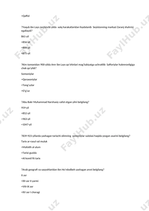 =uchar omma =bahodir, bek =osmon og’li ?qoraxoniylardan birinchi bo‘lib islomni qabul qilgan va musulmoncha abdulkarim degan nom olgan xon berilgan qatorni belgilang? horun bug’raxon =muso =ali arslonxon =qorachahojib ?992-993 yillarda horun bug’raxon tomonidan egallangan hududlarni belgilang? samarqand, buxoro =sayram,isfijob =hirot,g’azna =farg’ona,yettisuv ?ochiqdan-ochiq qoraxoniylarga yon bosib kelgan hirot hokimini belgilang? abu ali simjuriy =foyiq =horun bug’raxon =a’zam malik ?qoraxoniylarda hukmdor qanday atalgan? qoraxon =bek =sulton =shahanshox ?qoraxoniylar davlat boshqaruviga ko’ra mahalliy hokimlar nima deb atalgan? elekxon =vazir =qabug’boshi =yurg’ush ?horun bug‘raxon vafotidan so‘ng ulug‘ xon (qoraxon) lavozimini kim egallaydi? ali ibn muso =abu ali smjuriy =ali arslonxon =nasr ilekxon ?nasr ilekxon 999-yili qaysi hududni egallaydi? buxoro =samarqand =farg’ona =yorkent ?somoniylarning tarix sanasidan tushib ketgan sanasini belgilang? 1005-yili =1452-yili =989-yili =1000-yili ?qoraxoniylar movarounnahrda qancha muddat hukmronlik o’rnatdilar? 200 yil =145 yil =245 yil =hukmronlik o’rnatishmagan ?1008-yili nasr ilekxon xurosonga yurish qilgach, mahmud g’aznaviy qarshi hujumga 500 ga yaqin jang o’rgatilgan qanday hayvondan …