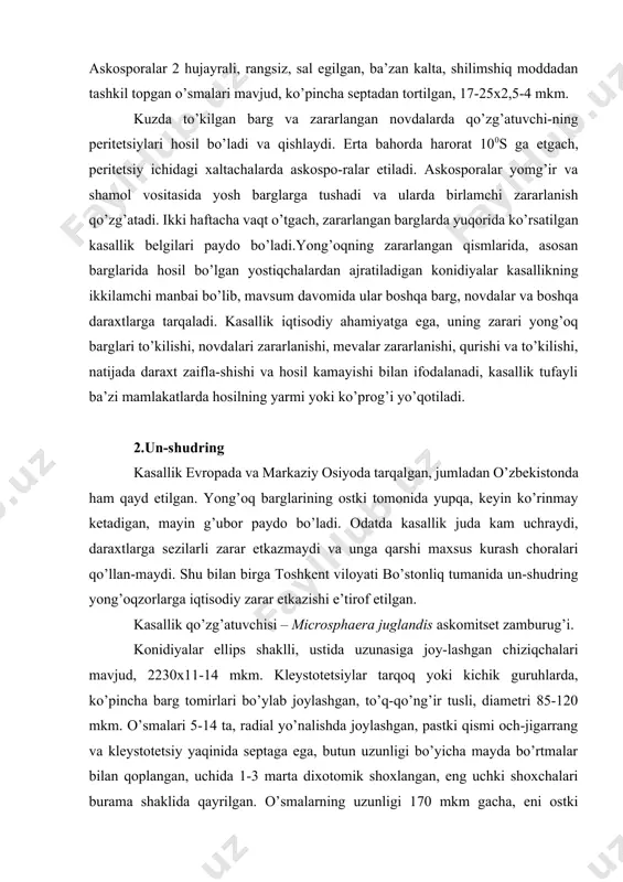 odiy zarar etkazishi e’tirof etilgan. kasallik qo’zg’atuvchisi – microsphaera juglandis askomitset zamburug’i. konidiyalar ellips shaklli, ustida uzunasiga joy-lashgan chiziqchalari mavjud, 2230x11-14 mkm. kleystotetsiylar tarqoq yoki kichik guruhlarda, ko’pincha barg tomirlari bo’ylab joylashgan, to’q-qo’ng’ir tusli, diametri 85-120 mkm. o’smalari 5-14 ta, radial yo’nalishda joylashgan, pastki qismi och-jigarrang va kleystotetsiy yaqinida septaga ega, butun uzunligi bo’yicha mayda bo’rtmalar bilan qoplangan, uchida 1-3 marta dixotomik shoxlangan, eng uchki shoxchalari burama shaklida qayrilgan. o’smalarning uzunligi 170 mkm gacha, eni ostki qismida 85 mkm gacha. har bir kleystotetsiy ichida 3-5 xaltacha mavjud, ular keng ellips, tuxum yoki deyarli shar shaklli, 45-56x38-45 mkm, 6, ba’zan 3,4 yoki 8 sporali. askosporalar ellips yoki uzunchoq tuxum shaklli, 11-25x7-11 mkm. 3.oq dog’lanish kasallik o’zbekistonda toshkent viloyatining bo’stonliq tumanida qayd etilgan, boshqa viloyatlarda ham tarqalgan bo’lishi mumkin. zararlangan barglarda mayda, oqish-sarg’ish dog’lar paydo bo’ladi. ular qo’shilib, qo’ng’ir tus oladi. barglarning ostki tomonida oq g’ubor hosil bo’ladi. novdalarda botiq, qo’ng’ir dog’lar …