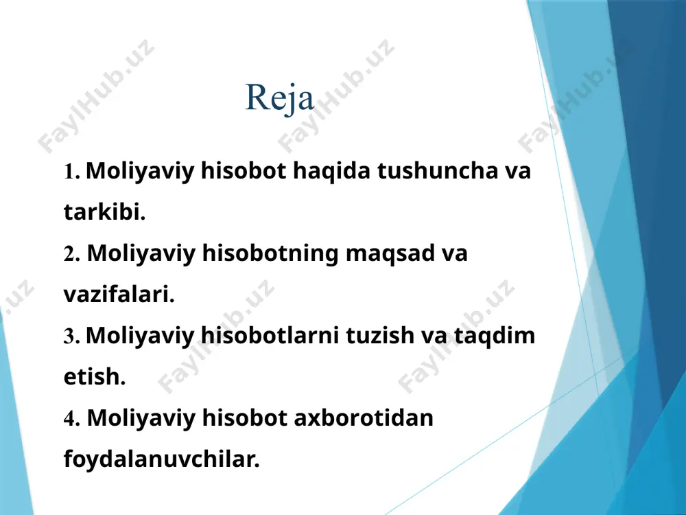 lteriya hisobining milliy standartlariga (bhms) asosan tuzilgan yillik moliyaviy hisobot hisobot yilidan keyingi yilning 1- martidan kechiktirmay, moliyaviy hisobotning xalqaro standartlariga (mhxs) asosan tuzilgan yillik moliyaviy hisobot hisobot yilidan keyingi yilning 1-mayidan kechiktirmay taqdim etiladi. moliyaviy hisobotlarning mazmuni va tarkibi bhms hamda mhxsga asosan tuziladigan moliyaviy hisobotlarning shakllarida belgilanadi. bhmsga asosan tuzilgan yillik moliyaviy hisobot shakllari quyidagilarni o‘z ichiga oladi: 1) buxgalteriya balansi (1- ilova); muddati o’tgan debitorlik va kreditorlik qarzlar rasshifrovkasi (buxgalteriya balansi ilova); 2) moliyaviy natijalar to‘g‘risidagi hisobot (2- ilova); 3) “xususiy kapital to‘g‘risida hisobot” (3- ilova); 4) pul oqimlari to‘g‘risidagi hisobot (4- ilova). mikrofirmalar va kichik korxonalar uchun yillik moliyaviy hisobot buxgalteriya balansi va moliyaviy natijalar to‘g‘risidagi hisobotni o‘z ichiga oladi. mhxsga asosan tuzilgan yillik moliyaviy hisobot shakllari quyidagilarni o‘z ichiga oladi: 5) moliyaviy holat to‘g‘risidagi hisobot (5- ilova); 6) foyda yoki zarar va boshqa umumlashgan daromad to‘g‘risidagi hisobot (6-ilova); 7) xususiy kapitaldagi o‘zgarishlar to‘g‘risidagi hisobot (7- …