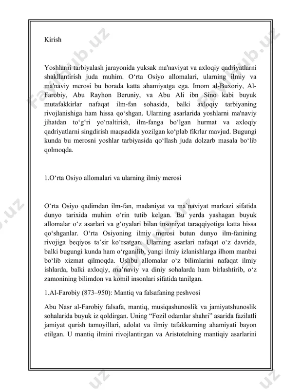 yg‘unligini ko‘rsatib, adabiyotda yangi davrni boshlab bergan. 6.ahmad farg‘oniy (800–870): astronomiya va geografiyaning otasi. ahmad farg‘oniy zamonaviy astronomiya va geografiya fanlariga asos solgan. uning “astronomiya asoslari haqida kitob” asari sayyoralarning harakatlari, quyosh va oy tutilishlari kabi masalalarni ilmiy asosda tushuntiradi. uning yerning diametri va boshqa ko‘rsatkichlar haqidagi ma’lumotlari g‘arb olimlariga katta ta’sir ko‘rsatgan. 7.mahmud zamahshariy (1075–1144): tilshunoslik va tafsir ilmi olimi. mahmud zamahshariy arab tilshunosligi va qur’on tafsiri bo‘yicha ulkan olim bo‘lgan. uning “al-kashshof” nomli tafsiri qur’on oyatlarining tilshunoslik va mantiqiy izohlarini berib, islom olamida katta e’tibor qozongan. zamahshariy grammatika, leksikografiya va adabiyot sohalarida ham muhim asarlar yaratgan. 8.mirzo ulug‘bek (1394–1449): astronomiya dahosi. mirzo ulug‘bek samarqandda astronomiya maktabini tashkil etib, “ziji ko‘ragoniy” asarini yaratgan. bu asar yulduzlar harakati, vaqtni aniqlash va koinotni tadqiq qilishda muhim ahamiyat kasb etadi. uning rasadxonasi dunyodagi eng ilg‘or ilmiy markazlardan biri bo‘lgan va zamonaviy astronomiya rivojiga katta hissa qo‘shgan. 9.yusuf xos hojib (1020–1070): axloqiy qadriyatlar …