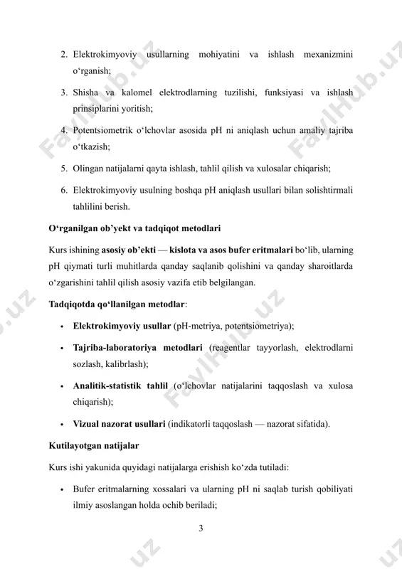 azariy asoslari 1.1. bufer eritmalarning fizik-kimyoviy xossalari i bob. bufer eritmalarning nazariy asoslari 1.1. bufer eritmalarning mohiyati va ularning kimyoviy tabiati bufer eritmalari – bu kislotalilik (ph) darajasi tashqi ta’sirga barqaror bo‘lgan eritmalar bo‘lib, ularga oz miqdorda kislota yoki asos qo‘shilganda, ph darajasining o‘zgarishini oldini oluvchi tizimlardir. bu xususiyat ular tarkibida mavjud bo‘lgan kuchsiz kislota (yoki asos) va unga mos keluvchi tuz (ya’ni konsjugat juftlik) orqali amalga oshiriladi. masalan, sirka kislotasi (ch₃cooh) va natriy atsetati (ch₃coona) aralashmasi tipik bufer tizim hisoblanadi. bufer tizimlarining asosiy funksiyasi – eritma muhitida protonlar (h⁺) konsentratsiyasini nazorat qilish orqali ph qiymatini saqlab turishdan iborat. ushbu xususiyat ularning turli biologik va texnologik jarayonlardagi qo‘llanilishini belgilaydi. 1.2. bufer eritmalarning turlari bufer eritmalari ikki asosiy guruhga bo‘linadi: 1. kislota buferlari – kuchsiz kislota va uning asosiy tuzidan tashkil topgan eritma (masalan: ch₃cooh + ch₃coona). bufer muhit ishqoriy modda (oh⁻) qo‘shilganda ph o‘zgarishiga qarshi turadi. 2. asosiy buferlar – …