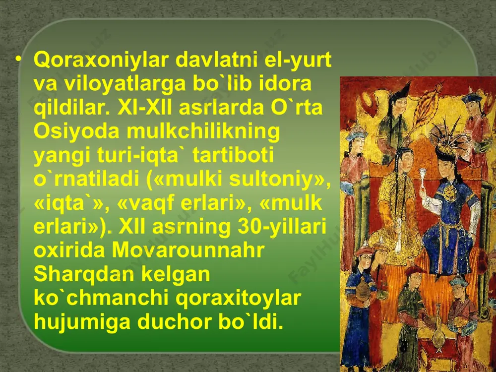 tdoshlarimizning qo'lyozma asarlari boshqa o'lkalarga olib ketiladigan bo'ldi . eng mashhur madaniyat markazi shu davrda bag`dod shahri edi. bag`dodda «bayt ul hikma» (donishmandlar uyi) tashkil etilgan edi. «bayt ul hikma»da ahmad farqoniy, muhammad ibn muso xorazmiy, ahmad ibn abdulloh marvaziylar ta`lim olganlar. ix-x asrlarda o`rta osiyoda fan ilmiy asoslarga ega edi. uning ildizlari o`rta osiyo, ayniqsa, xorazm, shuningdеk bobil, eron, o`indistonning antik dunyosiga va qadimgi madaniyatiga borib taqalar edi. ix-xii asrlarda arab tilida asarlar yozgan eng mashhur olimlar ahmad farqoniy, muhammad ibn muso xorazmiy, abu nasr farobiy, abu ali ibn sino, abu rayhon bеruniy, abusalx masihiy, abulhayr xammar, abunosir arron va boshqalar edi. ahmad farqoniy astronom, matеmatik, gеograf edi. baqdod yaqinda raqoq nomli mavzеda rasadxona qurilishiga boshchilik qilib, astronomiya maktabini tashkil etadi. uning «astronomiya asosi», «samoviy harakatlar», «yulduzlar haqidagi fan» nomli asarlari mashhurdir.muhammad ibn muso xorazmiy mashhur matеmatik, astronom, gеograf,tarixchi edi. bu davr o`rta osiyoda mе`morchilik san`ati ham gurkirab rivojlandi. …