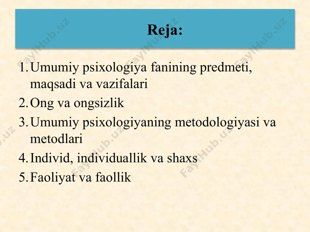 haxsning individual-psixologik xususiyatlari diqqat, nutq, faoliyat sezgi, idrok, hayol, xotira, tafakkur hissiyot, iroda temperament, xarakter, qobiliyat 9 психологиянинг 300 дан ортиқ фан сифатидаги тармоқлари умумий психология шахс психологияси ёш даврлари психологияси ижтимоий психология махсус психология спорт психологияси юридик психология тиббиёт психологияси педагогик психология болалар психологияси бошқарув психологияси оила психологияси 17 individ, individuallik, shaxs individ – alohida olingan odam bo'lib, u o'z ichiga biologik, fiziologik, ijtimoiy va psixik xususiyatlarni jamlaydi. inson individ bo'lib tug'ilib, shaxs bo'lib shakllanadi. individ bo'lib tug'ilgan insonni shaxsga aylanishi uchun nimalar zarur? buning uchun quyidagi shartlar zarur: 1. ijtimoiylik. inson shaxs sifatida avvalombor ijtimoiy shart-sharoitda, ya'ni insonlar jamiyatida shakllanadi. 2. ongga ega bo'lish (atrofdagi bilimlarni egallash, faoliyat maqsadini shakllantirish, munosabatlarga his-tuyg'ularni kiritish). 3. faollik, ish faoliyatida oldinga qo'yilgan maqsadga erishishga yo'nalganlik. 4. insoniy faollikka undovchi narsa ehtiyojdir. shaxs tushunchasiga izoh «shaxs – ijtimoiy munosabatlarining sub'ekti va ob'ektidir» (a.g. kovalyov) «shaxs individlararo munosabatlarning sub'ekti sifatida» (a.v. petrovskiy) «shaxs …