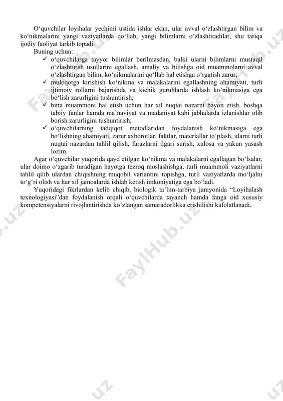 n loyiha qatnashchilarini tanishtirish, ularni tahlil qilish, faktlarni umumlashtirish, olingan natijalarni rasmiylashtirishni oʻz ichiga oladi. mazkur loyihalar tadqiqot xarakteridagi loyihalar bilan uygʻunlashib ketadi va uning bir qismiga aylanishi mumkin. izlanish xarakteridagi loyihalarning strukturasi quyidagicha boʻlishi mumkin: · kerakli boʻlgan axborotni izlash manbalari; · izlanish bosqichlari; · toʻplangan axborot, materiallar, faktlar ustida tahlil oʻtkazish; · xulosa yasash; · izlanish yoʻnalishiga oʻzgartirishlar kiritish; · yangi faktlarni toʻplash; · umumlashtirish va xulosa yasash; · olingan natijalarni rasmiylashtirish. bu toifadagi loyihalardan sinfdan tashqari mashgʻulotlarda foydalanish mumkin. bular jumlasiga quyidagi mavzulardagi loyihalarni kiritish mumkin: oʻzbekistonning “qizil kitob”i ga kiritilgan oʻsimliklar va hayvonlar, oʻzbekistonda paxtachilikning rivojlanishi, oʻzbekistonning dorivor oʻsimliklari va b. amaliy xarakterdagi loyihalar. bu toifadagi loyihalar qatnashchilar faoliyatidan kutilgan natijalarning aniq belgilanishi bilan xarakterlanadi. mazkur natija amaliy va ijtimoiy ahamiyatga ega boʻlishi lozim. bunday loyihalarda loyiha ssenariysi, qatnashchilarning vazifalari, natijaga erishish bosqichlari, foydalaniladigan metodlar, olingan natijalarni rasmiylashtirish shakllari aniq belgilanishi kerak. bunday loyihani amalga oshirishda …
