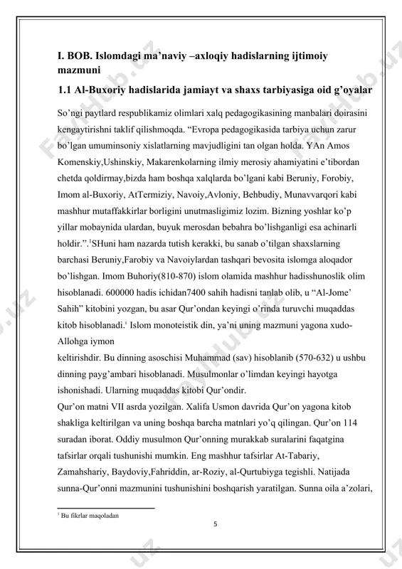 qi islom dini besh asosga tayanadi: iymon-allohdan boshqa iloh yo’q va muhammad (sav) uning rasuli. solat-musulmon kunida besh mahal bajaradigan ibodat (namoz). zakot-rahmdillik. beruvchi insonning munosabati, u berayotgan miqdordan muhimroqdir. ro’za, ramazon musulmonlar uchun muqaddas oy, chunki aynan shu oyda muhammad (sav) payg’ambar bo’lgan. haj-har bir imkoni bor musulmon makkaga haj safari uyushtirishi lozim. tarbiyaviy vositaga ega bo’lgan qur’on oyatlari muhim ahamiyatga ega. ularda ota-ona va farzand o’rtasidagi munosabat haqida bolalarni tarbiyalayotgan ota-ona nimaga intilishi haqida, shuningdek ular yetmoqchi bo’lgan maqsadlar ham aniq belgilab qo’yilgan. qur’on musulmonlar hayotining mazmuni va maqsadi haqidagi qarashlariga katta ta’sir ko’rsatgan va uning g’oyalari musulmon halqlarining madaniyatidan chuqur joy olganlar hamda xalq pedagogikasi manbalari-maqol, rivoyat, ertaklar va boshqalarga har tomonlama ta’sir ko’rsatgan. o’sib kelayotgan avlodning tarbiyasi va [1: bu fikrlar maqoladan ] [1: 1majmua ijtimoiy pedagogika mavlyanov 2 scinse jurnali 200123 maqola 1.2 at-termiziy hadislarida ijtimoiy pedagogik qarashlar imоm аt-tеrmiziy to‘liq ismi muhammad ibn iso …