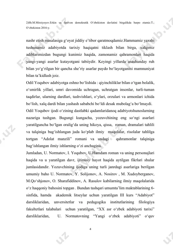 izsiz o‘chib ketmaydi. milliy taraqqiyot, milliy istiqlol g‘oyasining o‘ziga xos mohiyati ijtimoiy ongning qaysidir qatlamlarida saqlanib qolaveradi. mazkur g‘oyalarni sun’iy tarzda yaratib bo‘lmaganidek ularni zo‘ravonlik bilan millat va xalqdan butunlay ajratib olish ham mumkin emas. vatanimiz tarixida kommunistik mafkura davrida milliy taraqqiyot g‘oyasini yo‘q qilish uchun barcha munofiqliklar ishga solindi.millat, vatan taraqqiyoti bilan bog‘liq biror masala, xoh u ijtimoiy- siyosiy bo‘lsin, xoh ma’naviy, iqtisodiy bo‘lsin, kommunistik mafkura tazyiqidan xoli bo‘la olmas edi. mafkuraviy tazyiq to‘la shakllangan davrda xalqqa xolis xizmat qilish, unga nisbatan farzandlik burchini unutmaslik, xiyonat qilmaslik, asriy qadryatlarga sodiq bo‘lish ziyolilarimiz uchun asosiy imkoniyat chinakam shaxslik hamda insoniylikning mezoni bo‘lib qolgan edi. shunday murakkab davrda millat ziyolilarining eng ilg‘orlari xalqqa xizmat qilish, ertangi kunga umid, ishonchni so‘ndirmaslik maqsadida xalqqa xizmat qildi. ular ilgari surgan go‘yalarning millie ongni o‘stirishga qaratilganini mazkur davr adabiyotining eng yaxshi asarlarida, ayrim bilvosita niqoblangan shaklda kuzatamiz. 60-70-yillarda ziyolilar ijodida milliy qadr-qimmat, milliy o‘zlik, ona …