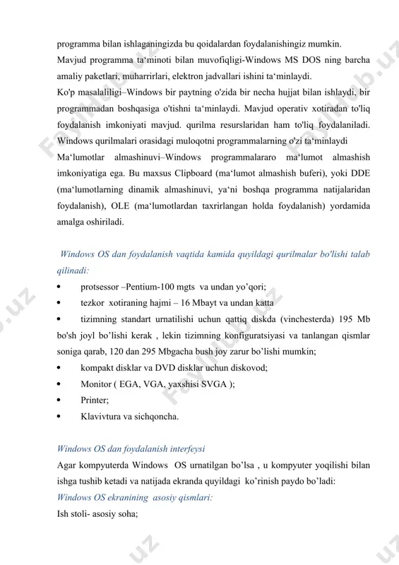 stolingizdagi hujjatlar, asboblar, yozuv qog’ozlari va shu kabilar joylashganidek kompyuter ekranida ham ishlash uchun kerak bo'lgan ma‘lumotlar joylashtiriladi. ish stoli har doim foydalanuvchi tomonidan o'zgartirib turilishi mumkin. u foydalanuvchi ko'p ishlatadigan programmalarni joylashtirish uchun ko'llaniladi. windows ish stolining elementlar yigindisi kompyuterning sozlovchilari bilan bog’liq. windowsda ko'plab elementlarni yodda saqlash, ajratib olish va ular bilan ishlash oson bo'lishi uchun piktogrammalar deb ataluvchi mos rasmchalar ko'yiladi. ularni ko'pincha ikonalar (timsollar) deb ham ataydilar. mualliflar programmalar uchun ularning moxiyatini ifodalab beruvchi maxsus rasmchalar tayyorlaydilar. xujjat fayllari uchun piktogramma sifatida o'sha hujjat tuzilgan programmaning belgisi ko'rsatiladi. ish stolida quyildagi elementlar joylashishi mumkin: · papkalar (sistemaning va foydalanuvchining papkalari); · hujjat va programma fayllari; · qurilmalar, papkalar va fayllar uchun yorliklar; birok, odatda ekranda ko'prok xollarda sistema papkalari va ko'p murojaat qilinadigan ob‘ektlarning yerliklari joylashgan bo'ladi. · sistema papkalari -windows xp os tomonidan tashqil etilgan papkalardir. sistema papkalariga quyildagilar kiradi: · мой компьютер (mening kompyuterim). …