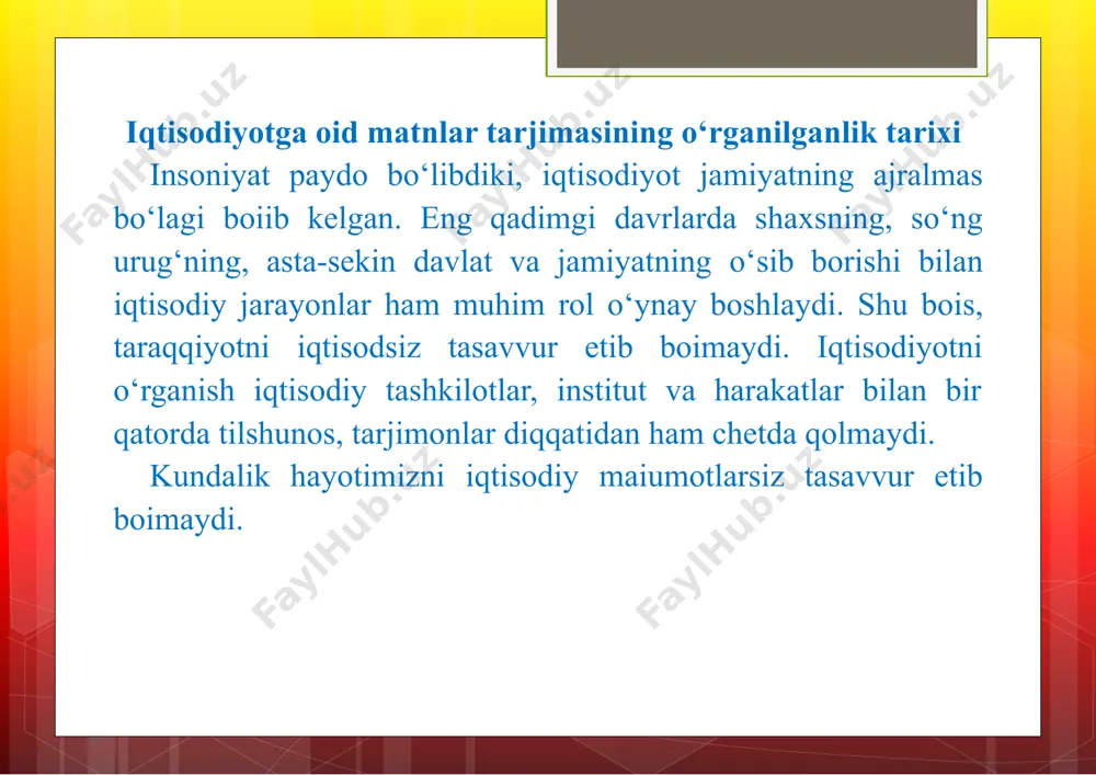 omlangan tadqiqot ishi iqtisodiy matnlar tarjimasining muammolari va murakkabliklariga bag‘ishlangan boiib, unda avvalo tarjima konsepsiyasi tarjima ilmining turli yondashuvlari asosida o‘rganilgan. iqtisodiy matn tarjimasining murakkabliklari tahlil etilib, iqtisodiy matnlar ustida analiz amalga oshirilgan. valerija m., suchanova j. “the comparative analysis of english economic and business terms and their lithuanian translation equivalents” nomli maqolasida iqtisodiy terminlar tarjimasi, ulaming ekvivalentini topish muammosi, terminlami struktur va semantik jihatdan tahlil etish kabilami yoritganlar. rus tilshunos va tarjimashunos olimlari tomonidan iqtisodiy matnlar va ulaming tarjimasi masalasiga doir ko‘plab izlanishlar amalga oshirilgan. shulyukina t. s. “k voprosu perevoda ekonomicheskix terminov (na materiale angliyskogo i russkogo yazikov)” . ushbu tadqiqot ishida iqtisodiy terminlaming o‘ziga xos xususiyatlari, iqtisodiy terminlar tarjimasining muqobilligi, terminlaming ekvivalentini topish muammolari, kognitiv model kabilarni o‘rganib chiqqan va tahlilga tortgan. tadqiqotchi terminlami “bir tarjimali” (“odnoperevodnie termini”) va “ko‘p tarjimali” (“raznoperevodnie termini”) turlarga boigan. iqtisodiyotga oid matnlarni esa “ommaviy iqtisodiy matnlar” (“populyarno-ekonomicheskiye teksti”) va “tor ixtisoslikdagi …