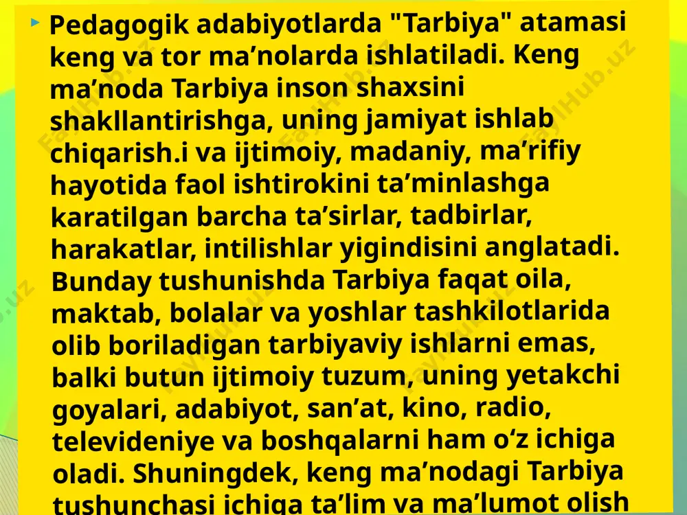 ik tarbiya vositasi hisoblanadi. san’at orqali estetik tarbiyalash pedagogikada badiiy tarbiya deb ataladi. u quyidagi metodlardan foydalangan holda olib boriladi: badiiy asarlarni namoyish qilish va ijro etish. badiiy asarlarni tahlil qilish va baholash. san’atshunoslik bilimlaridan xabardor qilish, san’atninghar xil turlarini —ifoda vositalari, tarixi va nazariyasini xarakterlovchi muayyan ma’lumotlar jamg‘armasiga ega bo‘lish zarur. badiiy faoliyatining xilma-xil shakllarida mashqlaro‘tkazib, ijodiy qobiliyatlarni, mustaqil tasvirlash ko‘nikmalari va malakalarini rivojlantiradi. badiiy faoliyatining xilma-xil shakllarida mashqlaro‘tkazib, ijodiy qobiliyatlarni, mustaqil tasvirlash ko‘nikmalari va malakalarini rivojlantiradi. nafosat tarbiyasi (estetik tarbiya lotincha „estezio“ —go‘zallikni his qilaman) —o‘quvchilarni voqelik, tabiat, ijtimoiy va mehnat munosabatlari, turmush go‘zalliklarini anglash, idrok etish va to‘g‘ri tushunishga o‘rgatish, ularning badiiy didini o‘stirish, ularda go‘zallikka muhabbat uyg‘otish, ular tomonidan go‘zallikni yaratish qobiliyatlarini tarbiyalashga yo‘naltirilgan pedagogik jarayon. nafosat tarbiyasi „badiiy tarbiya“ sifatida ham qo‘llaniladi. umuman, nafosat tarbiyasi keng ma’noga ega bo‘lib, faqat san’at vositasidagina emas, balki hayot, mehnat, ijtimoiy munosabatlar, tabiat va boshqalar vositasida go‘zallikni his qilishga …