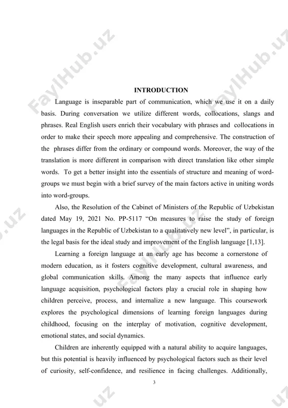 arly language education, offering valuable insights for educators, parents, and policymakers dedicated to nurturing young language learners. the actuality of the course work. the topic psychological factors of learning foreign languages at an early age is highly relevant in today's globalized world, where early language acquisition is recognized as a critical step in preparing children for intercultural communication and academic success. research has shown that early childhood is a sensitive period for language learning, as children’s cognitive and emotional development is particularly suited to acquiring new languages. however, psychological factors such as motivation, anxiety, self-confidence, and social interaction significantly influence the success of language learning. understanding these factors is essential for educators and parents to create optimal learning environments that cater to young learners’ psychological needs and promote effective language acquisition. the aim of the course work is to analyze the psychological factors that affect the process of learning foreign …