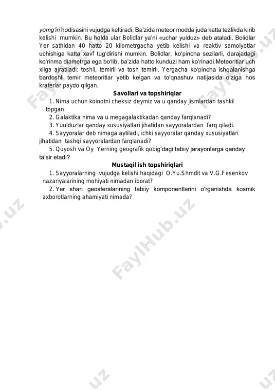 lar ham ta’sir etadi. bular quyosh faolligining 11 yillik davri va quyoshning o‘z o‘qi atrofida aylanish davri bo‘lgan 27 kunlik davriyliklarda seziladi. quyosh chaqnashlari quyosh kosmik nurlari manbai bo‘lib, unda chiqarib tashlangan zarralar oqimlari quyosh shamolida uzilishlar va zarb to‘lqinlarini vujudga keltiradi. quyosh chaqnashlari rentgen, ultrabinafsha to‘lqinlarda nurlanadi. qadimdan quyosh nuridan davo-profilaktika maqsadida foydalaniladi. quyoshning infraqizil nurlari to‘qimalardan o‘tayotganda, issiqlik hosil qiladi; ko‘zga ko‘rinadigan (yorug‘lik) nurlari nerv sistemasini qo‘zg‘atadi; ultrabinafsha nurlari ta’sirida biofizik va fotokimyoviy reaksiyalar vujudga kelib, terida d vitamini, pigmyentlar va boshqalar hosil bo‘ladi. quyosh nuri bilan davolashda quyosh vannalaridan foydalaniladi. asteroidlar, kometalar va meteor modda. asteroidlar.kichik sayyoralar yoki asteroidlar, asosan mars va yupiter orbitasi oralig‘ida aylanadi va bevosita qaraganda ko‘rinmaydi. birinchi kichik sayyora 1801 yilda kashf etilganva uni an’anaga ko‘ra yunon-rim mifologiyasidagi nomlardan biri - serrera deb atashdi. tezda boshqa kichik sayyoralar topildi va ularga pallada, vesta va yunona nomlari berildi. fotografiyaning qo‘llanilishi natijasida yorug‘ligi xira bo‘lgan …