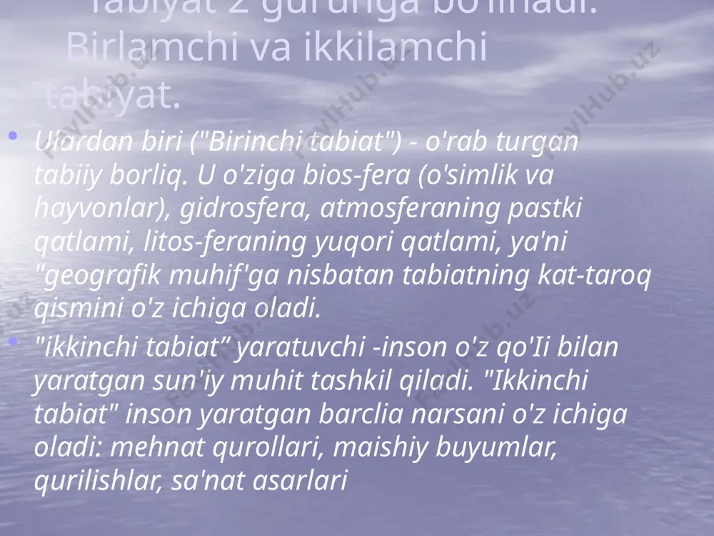tuzilishi o’simliklar va hayvonlar yerning hosildorlik darajasi foydali qazilmalar va boshqa hom-ashyo mablag’larining mavjudligi suv resurslari va boshqalar "ekosofiya”ning falsafaning muayyan, juda o'ziga xos qismi sifatida shakllanishi bir qator bosqichlarni bosib o'tdi: asrning 50-yillari: ekologiyada ahvol yaxshi emasligini qayd etish; 60-yiilar: nazariy idrok etish uchun dastlabki urinishlar; 70-yillar: ijtimoiy harakatlarning amaliy faoliyatining boshlanishi ("yashillar" va boshqalarning); 80-yillar: aniq-ravshan bayon qilingan tamoyillar asosida harakatlar amaliyotini ishlab chiqish; xx 90-yillar: global ekologik tafakkurning shakllanishi. "ekosofiya"ning rivojlanishiga a,pechchei, g.kommoner, a.king,l.braun, d.medouz, g.kan, j.forrester, epestelwa boshqalar salmoqli hissa qo'shdilar. hozirgi zamon globalistikasi ishlab chiqish bilan shug'ullanayotgan xalqaro nohukumat tashkiloti rim klubining paydo bo'lishi va dastlabki 15-yillik faoliyati italyan faylasufi va jamoat arbobi a.pechchei nomi bilan bog'langan. hikmatli so’zlar er yuzidagi ulamolar bamisoli osmondagi yulduzlar kabidr. erda ham, suvda ham ularga qarab yo’l topishadi. yulduzlar botsa yo’lchi adashadi. ekmoq niyatida qo’lingda ko’chat turgan paytda bexosdan qiyomat qoyin bo’lib qolishi aniq bo’lganda ham ulgursang uni ekib …