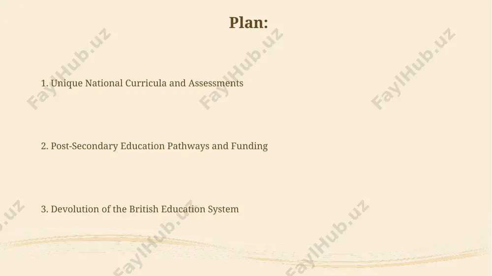 ications, providing a different pathway to university compared to a-levels in england. scotland's curriculum for excellence (cfe) is a broad, integrated curriculum designed to nurture learners' skills and knowledge across eight key areas, from ages 3 to 18, unlike the more subject-specific english gcse system. post-compulsory education & funding in england, tuition fees for higher education at universities are capped at £9,250 per year, although students from lower-income families may receive government support through loans and grants. scotland provides free higher education for both scottish and eu students, resulting in significantly lower tuition costs compared to england and wales, impacting funding models for universities. thank you for your attention @taqdimot_robot image2.jpg image3.jpg image4.jpg image5.jpg image6.jpg image7.jpg