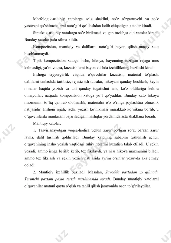 : 1) nutqqa oid xatolarni o’quvchilar daftarida to’g’rilash; 2) sinf o’quvchilari uchun umumiy bo’lgan nutqqa oid xatolar ustida sinfda ishlash (buning uchun darsning 15-20 minutlik qismi ajratiladi va tekshirilgan insho va bayon tahlil qilinadi, o’quvchilarning yo’l qo’yilgan xatoni mustaqil ravishda topishga va uni to’g’rilashga imkon beriladi); 3) ayrim individual xatolar ustida darsdan tashqari vaqtda ishlash, xatoni topish, tushuntirish va to’g’rilash; ko’rsatilgan yo’nalishlarning hammasi har bir sinf o’quvchilari uchun, ayniqsa, iii va iv sinf o’quvchilari uchun muvofiq keladi. nutqiy xatolarni to’g’rilash va oldini olish til ustida ishlash bilan bog’lab, maqsadga muvofiq holda uyushtiriladi. nutqiy xatolarni to’g’rilash. o’quvchilar og’zaki va yozma nutqida yo’l qo’ygan nutqiy xatolarni o’z vaqtida to’g’rilab borish zarur. o’quvchi yo’l qo’ygan xatosining to’g’ri variantini o’zlashtirsin, imkoni bo’lsa, xatoning kelib chiqish sababini tushunsin. xatoni to’g’rilashning eng foydali usuli yo’l qo’ygan xatosini o’quvchining o’zi to’g’rilashi hisoblanadi, agar o’quvchi xatosini to’g’rilay olmasa, uni o’qituvchi to’g’rilaydi. xato turiga qarab to’g’rilanadi: gap yoki so’z …