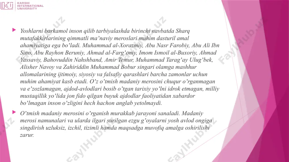 hda yetakchi oʼrin tutadi. bilimlar tizimini ongli ravishda oʼzlashtirish mantiqiy fikrlash, xotira, diqqat, idrok etish, aqliy qobiliyat, mayillik va iqtidorni rivojlantirishga koʼmaklashadi. аqliy tarbiyaning vazifalari quyidagilar sanaladi: shaxs tomonidan ilmiy bilimlarning muayyan hajmini oʼzlashtirilishiga erishish; bilishga boʼlgan qiziqishlarni yuzaga keltirish; aqliy qobiliyat va iqtidorni rivojlantirish; bilishga boʼlgan faollikni kuchaytirish; mavjud bilimlarni muntazam ravishda boyitib borish, umumiy oʼrta taʼlim va maxsus kasbiy tayyorgarlik darajasini oshirishga boʼlgan ehtiyojni rivojlantirish; ilmiy dunyoqarashni shakllantirish. muhammad alayhissalom oʼz hadislarida: «ilmga ilm olmoq yoʼli bilan erishilgaydir. ilmu hunarni xitoyga borib boʼlsa ham oʼrganinglar. ... ilm egallang. ilm sahroda doʼst, hayot yoʼllarida tayanch, yolgʼiz damlarda yoʼldosh baxtsiz daqiqalarda rahbar, qaygʼuli onlarda madadkor, odamlar orasida zebu-ziynat, dushmanlarga qarshi kurashishda quroldir» deydi. shuningdek, hadisi sharifda: «ilm olmoqqa intilish har bir muslim va muslima uchun farzdir» deydilar. jismoniy tarbiya oʼquvchilarda jismoniy va irodaviy sifatlarni shakllantirish, ularni aqliy va jismoniy jihatdan mehnat hamda vatan mudofaasiga tayyorlashga yoʼnaltirilgan pedagogik jarayon boʼlib, ijtimoiy …