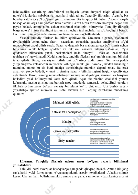 dan tortib, falsafa, san’at va gumanitar fanlar kabi turli sohalarda insoniyat tamaddunini ilgari surgan.[1] yevropaning iqtisodiy hamkorlik va taraqqiѐt tashkilotining baѐnotiga ko‘ra kreativ fikrlash shunchaki tasodifiy g‘oyalar berishdan tanqidiy fikrlash ba'zan juda ziddiyatli deb o'ylashadi. ba'zi odamlar tanqidiy fikrlash boshqalarni doimo tanqid qilishni anglatadi, deb o'ylashadi, bu konstruktiv emas. ammo bu tushunmovchilik. tanqidiy fikrlash faqat buzuvchi kuch emas. birinchidan, yomon g'oyalarni rad etish orqali biz haqiqatni topishda yaxshiroq bo'lamiz. ikkinchidan, tanqidiy fikrlash odamlarni doimo tanqid qilishimizni anglatmaydi. boshqa odamlar haq bo'lsa, biz rozi bo'lmasligimiz kerak. va boshqa odamlar noto'g'ri bo'lsa, tanqidiy fikrlash bizni yo'l qo'yilgan xatolarni tan olishga yordam beradi, ammo biz ularni ochiqchasiga qoralashimizga to'g'ri kelmaydi. ba'zida xatolarga yo'l qo'yilmaydi. ba'zan biz xushmuomala bo'lishimiz kerak, ba'zan esa odamlarni ularni tanqid qilish bilan emas, balki boshqa bilvosita vositalar yordamida yaxshiroq mulohaza qilishga yordam berishimiz mumkin, masalan, maslahat va takliflarni berish. tanqidiy fikrlovchi qarama-qarshilikka emas, balki xushyoqar va konstruktiv bo'lishi mumkin. …