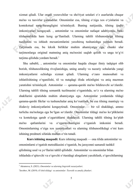 shining predmeti: ona tilida antonimlar va omonimlarni o‘rgatish metodikasi. bu, o‘quvchilarga antonimlar va omonimlarning tilshunoslikdagi ahamiyatini tushuntirish, ularga bunday so‘zlarni o‘rganish va ularni nutqiy faoliyatda samarali qo‘llashni o‘rgatish uchun mo‘ljallangan usullarni va yondoshuvlarni ishlab chiqishdir. kurs ishining tuzilishi: kirish, 2 bob, 4 paragraf, xulosa va foydalanilgan adabiyotlar iborat. i bob. antonimlarni o'rgatish metodikasi 1.1. antonimlar tushunchasi va ularning tilshunoslikdagi o‘rni antonimlar — bir-biriga qarama-qarshi yoki ziddiyatli ma'no bildiruvchi so‘zlardir. bu so‘zlar bir-birining teskari ma'nolarini ifodalaydi, ya'ni ular bir-biriga to‘liq zidd bo‘ladi. antonimlar tilning semantik tarkibining muhim qismini tashkil etadi va ularning yordamida tilning ifodaviy imkoniyatlari kengayadi. antonimlar, odatda, biror bir atribut yoki xususiyatning turli darajalarini yoki holatlarini ta'riflash uchun ishlatiladi. ular turli xil tushunchalar va ob'ektlarning qarama-qarshi xususiyatlarini ifodalash imkonini beradi. masalan, «baland» va «past», «qizil» va «yashil» kabi so‘zlar bir-biriga qarama-qarshi bo‘lib, tilning ifodalash imkoniyatlarini yanada boyitadi. antonimlarning bir qancha xususiyatlari mavjud bo‘lib, ular ularning ishlatilishi, tuzilishi va leksik …