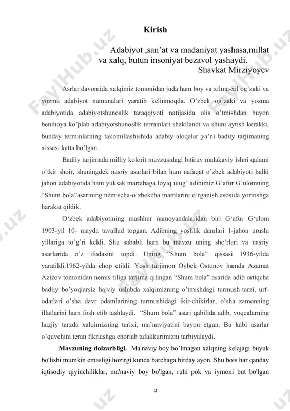 lardan o'zbek tiliga ko'plab tarjima ishlari amalga oshirilmoqda. bitiruv malakaviy ish mavzusi "badiiy tarjimada milliy kolorit" bo’lib, ushbu ilmiy ishni olib borish jarayonida ko'plab o'zbek va 6 1 xorijiy adabiyotlardan, internet ma'lumotlaridan va terminologik lug'atlardan foydalanildi. o'zbek xalqi asrlar davomida benihoya boy, xilma-xil og'zaki va yozma adabiyot namunalarini yaratdi. 0'zbek og'zaki va yozma adabiyoti, adabiy tili va adabiyotshunoslik taraqqiyoti natijasida o'tmishda juda ko'p adabiyotshunoslik terminlari shakllandi. bu adabiyotshunoslik terminlarining takomilida adabiy aloqalar salmoqli o'rin egalladi desak mubolag'a qilmagan bo'lamiz. qisqa qilib aytadigan bo'lsak mavzuni yoritish mobaynida tarjima jarayonida muallif nutqi, uslubi, va asliyat matnida qo'llanilgan milliylikka xos so'z va iboralarni tarjimada aks etishini ko'rib chiqdik. yuqorida aytganimizdek, milliy o'ziga xos bo'lgan so'z va iboralar, hikmatli so'zlar (aforizmlar) badiiy adabiyotda katta, muhim ahamiyatga ega va ularni tarjimada qay darajada aks etishi va bu yo'lda mavjud tarjima tamoyillaridan foydalanish yo'llari va ularning tadqiqi foydadan holi emasligi mavzumizning dolzarbligidan dalolat berib turadi. bitiruv …