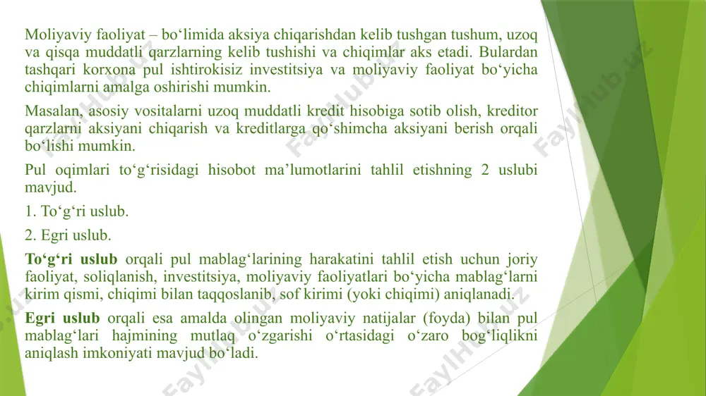iladi va ularni shartli ravishda to‘rtta katta guruhlarga ajratiladi: rentabellik koeffitsiyentlari. likvidlik koeffitsiyentlari. to‘lov qobiliyati koeffitsiyentlari. bozor indikatorlari. rentabellik koeffitsiyentlari ko‘rsatkich tarkibiga: xususiy kapital rentabelligi. korxonaning jami investitsiyalar rentabelligi. leveridj. sotish rentabelligi. likvidlilik koeffitsiyentlariga: tez likvidlanadigan koeffitsiyentlar debetorlik qarzlarining aylanish koeffitsiyenti; ishlab chiqarish zaxiralarini aylanishi koeffitsiyenti; qiyin likvidlanish koeffitsiyenti. to‘lov qobiliyatini izohlovchi koeffitsiyentlarga quyidagilar kiradi: qarz va hususiy kapital nisbati koeffitsiyenti; xususiy kapitalning jami mulkda tutgan ulushi koeffitsiyenti; qarz mablag‘larining jami aktivlarda tutgan ulushi koeffitsiyenti: leveridj - bu xususiy kapitalning o‘sgan qismini ko‘rsatib, u quyidagicha aniqlanadi, ya’ni xususiy kapital rentabelligi koeffitsiyenti bilan jami investitsiyalar orasidagi farq koeffitsiyenti olinadi. kelib chiqqan natija qanchalik yuqori bo‘lsa, korxonaning xususiy kapitali shunchalik o‘sganligini beradi. xususiy kapital tahlili uning tarkibidan joy olgan ko‘rsatkichlar hisobiga o‘zgarib boradi. har bir tarkibning o‘zgarishi ham o‘z mazmuniga ko‘ra ma’lum ko‘rsatkichlarning o‘zgarishi orqali amalga oshadi. 1. ustav kapitali. bu schot xususiy (hissador) kapitalining qiymati, qimmatli qog‘ozlarning emissiyasi va joriy yil …