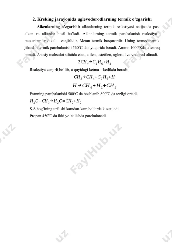 pech; 2, 8-bug’latgich; 4-porshenli nasos; 5, 6- issiqlik almashtirgichlar; 7-sovitkich; 9-rektifikatsion kolonna; 10-bug’latuvchi kolonna. neftni haydash qurilmasidan kelayotgan mazut 8-nasos yordamida 5 va 6-issiqlik aralashtirgichlardan o’tib 2-zmeevikli pechga beriladi. mazut zmeevikli konvekstion quvurlari bo’ylab o’tib, radiant qismi quvurlariga tushadi. radiant qism quvurlar ikkinchi qatori bo’ylab qizdirilgan bug’ kiritiladi. aralashma zmeevikni radion qismidan chiqib, 3-bug’latgichni pastki qismidan beriladi bu erda ham aralashma berilayotgan qismni pastidan qizdirilgan suv bug’i beriladi. bug’latgich hajmi suyuqlikni bo’lish vaqti va u orqali suv bug’ini haydash uchun etarlidir bug’latgichdan 4-porshenli nasos yordamida chiqariladigan og’ir qoldiqni qovushqoqligini kamaytirish maqsadida 2-nasos yordamida suyultiriluvchi qo’shimcha qo’shiladi. sukyultiriluvchi qo’shimcha sifatida qurilmadan olinayotgan dizel frakstiyasidan oz miqdorda qo’shiladi. bug’latgich yuqoridan chiquvchi tarkibida oz miqdorda kreking gaz bo’lgan aralashma bug’lari 5 – issiqlik almashgichda issiqlik tashuvchilar hisoblanadi, bu erdan uglevodorod kondensati, gazlar va bug’lar 9-rektifikastionkolonna pastki tarelkasidan beriladi. bu kolonnani 6 va 7-tarelkalar oralig’ida ichki tub joylashtirilgan. aralashma bug’lari 6-tarelkaga etganda, 6-issiqlik almashtirgichda …