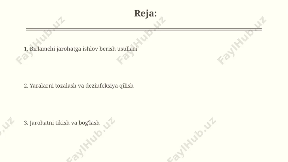 ger eritmasidan foydalanish maqsadga muvofiq, chunki ular fiziologik muhitga mos keladi. antiseptik eritmalarni, masalan, 0.05% xlorheksidin yoki 1% povidon-yodni zarur hollarda qo'llash mumkin, lekin ular hujayralarga toksik ta'sir ko'rsatishi mumkin. debridman debridman jarrohlik usuli nekrotik to'qimalarni olib tashlashni o'z ichiga oladi, bu esa infektsiyani kamaytiradi va yangi to'qimalarning o'sishini erta bosqichda boshlash imkonini beradi. fermentativ debridman, masalan, kollagenaz preparatlari bilan, o'lik to'qimalarni eritish orqali olib tashlash imkonini beradi, bu esa sog'lom to'qimalarga zarar bermaslikning muhim usuli hisoblanadi. yarani yopish usullari yarani yopishning birlamchi usullari qirralarni tikish, staplerlar bilan mahkamlash yoki yopishqoq lenta yordamida yaqinlashtirishni o'z ichiga oladi, bu esa 6-8 soat ichida amalga oshiriladi. to'qimalarni tikishda 3/0 yoki 4/0 o'lchamdagi rezorbatsiya qilinmaydigan iplardan foydalaniladi, bu jarayon mahalliy behushlik ostida amalga oshiriladi va terining yaxshi bitishiga yordam beradi. bog'lash va parvarishlash bog'lash materiallari steril bo'lishi shart, chunki ifloslangan bog'lamalar infektsiya xavfini oshiradi. bog'lash paytida aseptika qoidalariga qat'iy rioya qilish kerak, masalan, …