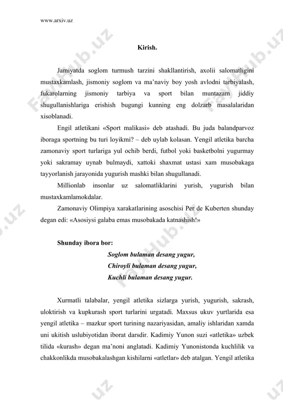 tika-mazkur sport turining nazariyasidan, amaliy ishlardan xamda uni ukitish uslubiyatidan iborat darsdir. kadimiy yunon suzi "atletika" uzbek tilida kurash degan ma’noni bildiradi. kadimiy yunonistonda kuchlilik va chakkonlikda musobakalashgan kishilarni atletlar, deb atalgan. yengil atletika degan nom shartli bulib, sirtdan karaganda, yengil at​letika mashklarining ogir atletika mashklariga nisbatan yengil tuyulishigagina asoslangan. yengil atletika besh bulimdan: yurish, yugurish, sakrash, uloktirish va kup kurashdan iborat. yengil atletika mashkdarining umumiy xarakteristikasi yurish-insonnnig joydan-joyga kuchishdagi oddiy usul bulib, turli yoshdagi kishilar uchun ajoyib mashk, bulib xisoblanadi. uzok va bir tekisda yurganda a’zoi badandagi kariyb barcha muskullar ishlaydi, organizmdagi kontomir, nafas olish va boshka sistemalar faoliyati kuchayadi, natijada modda almashinishi ortadi. jismoniy mashk, sifatida odatdagi yurishning avvalo soglomlashtirish axamiyati bor. odamni ilk bolalik chogida yurishga urgatadilar. lekin bu bilan kifoyalanib bulmaydi, xamma odamlar tugri, chiroyli va tejamli yura bilishlari zarur. oddiy yurishdan tashkari, yurishning boshka xillari xam buladi: poxodda yurish, safda yurish va sportcha yurish. musobakdlarda …