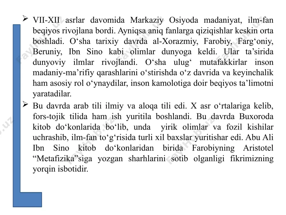 matematika, astronomiya, kimyo, geografiya, mineralogiya, tibbiyot, dorishunoslik kabi fanlar kiritilib, al-xorazmiy, ahmad farobiylar matematikaga oid, zakariyo ar-roziy, kimyo va tibbiyotga oid ibn sino tibbiyot va falsafa, beruniy tibbiyotga oid, jurjoniy tibbiyot va falsafaga oid yirik asarlar yaratdilar. ikkinchi yo‘nalish ijtimoiy-falsafiy yo‘nalish bo‘lib, bunda falsafa, tarix, mantiq, ruhshunoslik, notiqlik va boshqa fanlar bo‘lib, bu sohada farobiy, al-kixdiy, ibn sino, muhammad narshahiy kabilar faoliyat ko‘rsatgan. yuqorida aytib o‘tilgan olimlar qomusiy olimlardir. uchinchi yo‘nalish ta’limiy-ahloqiy yo‘nalish bo‘lib, bu sohada qomusiy olimlar o‘z qarashlarini ijtimoiy-falsafiy va ilmiy asarlari tarkibida yoki ahloqiy asarlarida bayon etganlar. sharq uyg‘onish davrida inson muamosi ma’naviy sohasidagi asosiy masala bo‘lgan. shuning uchun ham ta’lim-tarbiya masalasiga katta e’tibor berilgan, yaratilgan asarlarda sharqqa xos bo‘lgan insonning axloqiy-ruhiy kamolotini ulug‘lash etakchi o‘rin tutgan. mazkur ta’limiy-axloqiy asarlarda insonning ma’naviy kamolga etishi yuksak xulq-odob, ilm-fanni egallashi asosidagina amalga oshishi mumkin degan g‘oya ilgari surildi. ilmiy bilimga asoslanuvchi metod shakllandi, natijada aqliy tarbiya olimlar e’tiborida bo‘ldi: …