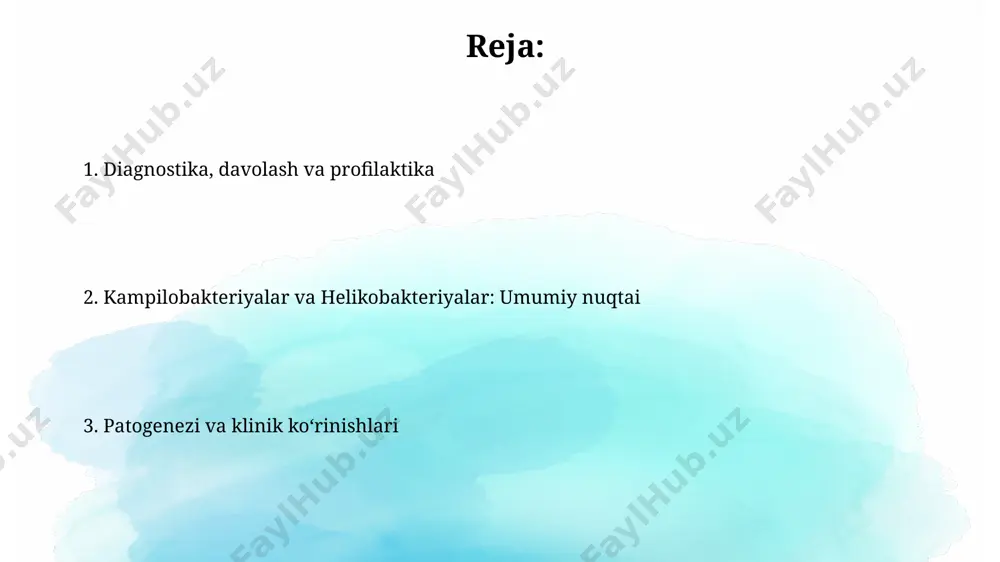 70%) va yuqori noto'g'ri musbat natijalar berishi mumkin. helikobakterioz diagnostikasi uchun nafas testi (¹³c-ureaz nafas testi) yuqori sezuvchanlik va o'ziga xoslikka ega bo'lib, invaziv usullarga nisbatan bemorlar uchun kamroq noqulay hisoblanadi. epidemiolgiya va tarqalishi (gelikobakteriyalar) gelikobakter pylori infektsiyasi bilan kasallanish darajasi rivojlangan mamlakatlarda 50% ga, rivojlanayotgan mamlakatlarda esa 80% dan yuqori boʻlishi mumkin, bu yuqori darajada tarqalishini koʻrsatadi. helikobakter pylori infektsiyasining tarqalishi geografik joylashuvga bogʻliq boʻlib, ayrim hududlarda yuqori, boshqa hududlarda esa past darajada kuzatiladi, bu genetik omillar va sanitariya sharoitlari bilan bogʻliq boʻlishi mumkin. kelajak tadqiqotlari kelajak tadqiqotlari kampilobakteriyalar va gelikobakteriyalarni aniqlash uchun yangi, tezkor diagnostika usullarini, masalan, 15 daqiqadan kamroq vaqt ichida natija beradigan pcr-asosidagi testlarni ishlab chiqishga qaratilishi mumkin. antibiotiklarga chidamlilikni rivojlantirish mexanizmlarini chuqurroq tushunish uchun, kamida 100 ta turli xil shtammlarni o'rganish orqali gen ekspressioni tahlili va genomik sekvensirovka usullari qo'llanilishi kerak. kampilobakterioz: oldini olish kasallikning inkubatsion davri 2-5 kunni tashkil etadi, yaʼni infektsiyadan keyin birinchi …