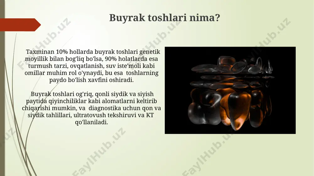 svirlash imkonini beradi, bu esa davolash usulini tanlashda yordam beradi. rentgenografiya buyrak toshlarini aniqlashda qo'llaniladi, ammo ba'zi hollarda (masalan, mayda toshlar) aniqlash qiyin bo'lishi mumkin, shuning uchun boshqa tasvirlash usullaridan foydalanish zarur bo'ladi. jarrohlik amaliyoti ochiq jarrohlik, ya'ni buyrakni kesish orqali toshlarni olib tashlash, katta toshlar yoki murakkab holatlarda qo'llaniladi va 3-5 kun davom etadigan kasalxonada davolanishni talab qiladi, reabilitatsiya jarayoni esa o'rtacha 4-6 hafta davom etadi. buyrak toshlarini jarrohlik yo'li bilan olib tashlashning 90% dan ortiq hollarda muvaffaqiyatli natijalarga erishiladi, ammo jarrohlik xavfi va asoratlari ham mavjud, masalan, qon ketish yoki infektsiya xavfi 5-10% ni tashkil qilishi mumkin. buyrak toshlarini davolashning konservativ usullari mayda toshlarni (4 mm gacha) o'z-o'zidan chiqarishni rag'batlantirish uchun sizga shifokor tomonidan tavsiya etilgan dorilar va jismoniy mashqlar majmuasi buyurilishi mumkin, natijalarni 6-8 hafta ichida kuzatish mumkin. giperoksaluriya bilan bog'liq toshlarni davolashda parhezga e'tibor berish, kaltsiy, oksalat va natriy miqdorini cheklash muhim ahamiyatga ega bo'lib, bu …