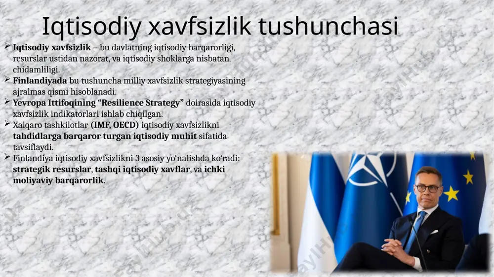 tashqi siyosiy tahdidlar: ukraina urushi, yevropa xavfsizligiga tahdid solib, narxlar barqarorligini buzdi. tashqi savdo o‘zgaruvchanligi: global ta’minot zanjirlari buzilishi (chiplar, go‘sht, yog‘och). demografik bosim: 2040-yilga borib har uchinchi fuqarosi 65 yoshdan katta bo‘ladi. iqlim o‘zgarishi: shimoliy hududlarda o‘rmonlar va qishloq xo‘jaligiga salbiy ta’sir kutilmoqda. xavf-xatarga chidamli emas tarmoqlar: farmatsevtika va o‘ta texnologik sohalarda xorijga qaramlik yuqori. energiya xavfsizligi va mustaqillik 2022-yilda rossiya bilan gaz importi to‘xtatildi. energiya manbalarining diversifikatsiyasi tezlashdi. shamol energiyasi: 2024-yilda umumiy elektr energiyasining 27% shamol orqali ta’minlandi. bioyoqilg‘i ishlab chiqarish: neste kompaniyasi – dunyodagi eng yirik qayta ishlangan bioyoqilg‘i ishlab chiqaruvchisi. yadro energiyasi: olkiluoto-3 (2023-yilda ishga tushdi) – yevropadagi eng yirik yadro bloki. finlandiyada energiya xavfsizligi davlatga qarashli kompaniyalar (fortum, gasgrid) tomonidan nazorat qilinadi. kiberxavfsizlik – iqtisodiy himoya qalqoni finlandiya kiberxavfsizlik milliy strategiyasiga ega (2021–2030). f-secure, withsecure – xalqaro miqyosda tan olingan fin kompaniyalari. 2023-yilda 300 dan ortiq kiberhujumlar ro‘y berdi (bank tizimi, sog‘liqni saqlash). 2024-yilda davlat …
