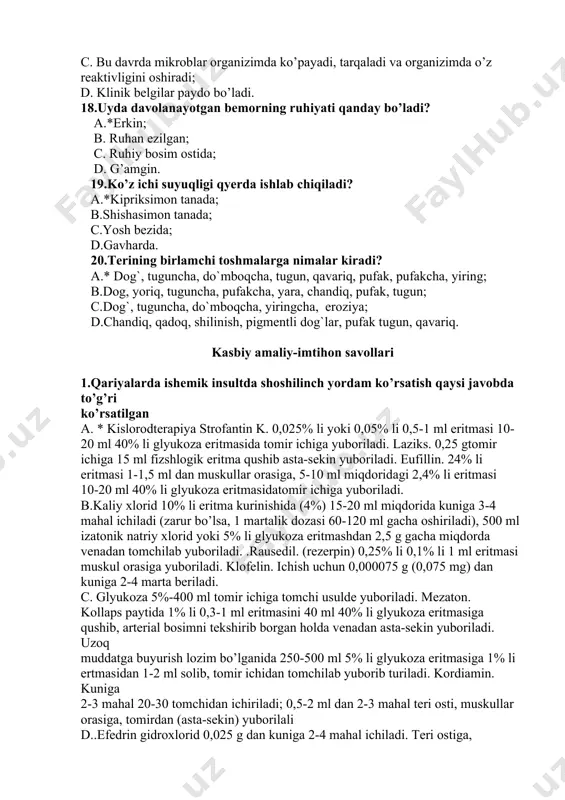 si muskul orasiga yuboriladi. klofelin. ichish uchun 0,000075 g (0,075 mg) dan kuniga 2-4 marta beriladi. c. glyukoza 5%-400 ml tomir ichiga tomchi usulde yuboriladi. mezaton. kollaps paytida 1% li 0,3-1 ml eritmasini 40 ml 40% li glyukoza eritmasiga qushib, arterial bosimni tekshirib borgan holda venadan asta-sekin yuboriladi. uzoq muddatga buyurish lozim bo’lganida 250-500 ml 5% li glyukoza eritmasiga 1% li ertmasidan 1-2 ml solib, tomir ichidan tomchilab yuborib turiladi. kordiamin. kuniga 2-3 mahal 20-30 tomchidan ichiriladi; 0,5-2 ml dan 2-3 mahal teri osti, muskullar orasiga, tomirdan (asta-sekin) yuborilali d..efedrin gidroxlorid 0,025 g dan kuniga 2-4 mahal ichiladi. teri ostiga, mugqullar orasiga, sekin okim xolida (5% li eritmasi 0,5-1 ml dan) va tomchilab (5% li 2 ml eritmasini 5% li 500 ml glyukoza eritmasida yoki izotonik natriy xlorid eritmasida) tomir ichiga yuboriladi. deksametazon. ovqat vaqtida va ovqa tdan keyin kuniga 0,0005-0,001 g dan ichiladi (2-3 ga bo’lib). kundalik dozasi 0,002-0,003 …