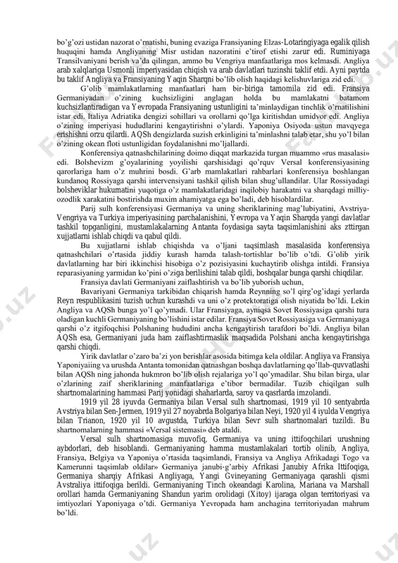 va marna daryosi sohillariga chiqdilar. uzoqqa otadigan to’plar bilai parijni o’qqa tutdilar. ammo muvafaqqiyatni mustaxkamlash uchun germaniya yetarli zahira topa olmadi. mamlakat holdan toygan, armiyaning harbiy ruhi cho’kkan, xalq urushdan charchagan edi. ayni paytda antanta akshdan to’xtovsiz yordam olib turardi. aqsh «shartnomaga qo’shilgan mamlakat» sifatida 1917 yil aprelda urushga kirgan edi. germaniya endi hujum qilishdan ojiz ekanligi ma’lum bo’lib qolgach, antanta mamlakatlari barcha frontlarda yalpi hujumga o’tdilar va nemis qo’shinlarining bosib olingan fransiya va belgiya hududlaridan siqib chiqara boshladilar. brest sulhining imzolanishi sovet hokimiyatning mustahkamlashda muhim rol o’ynadi. biroq, sovet rossiyasi tomonidan qo’lga kiritilgan nafastni rostlab olish davri uzoq davom etmadi. 1918 yil mart oyidayoq antanta davlatlari sovet rossiyasiga qarshi harbiy intervensiya boshladilar. lekii antanta davlatlarining muayyan bir antisovet maqsadni ko’zlaganiga qaramay, kapitalistik lagerdagi ichki ziddiyatlar tufayli ular o’zlarining barcha kuchlarini birdaniga sovet rossiyasiga qarshi yubora olmadilar. shunday bo’lsa-da, 1918 yil martida angliya, so’ngra amerika qo’shinlari murmansk va arxangelska tushirilib, …