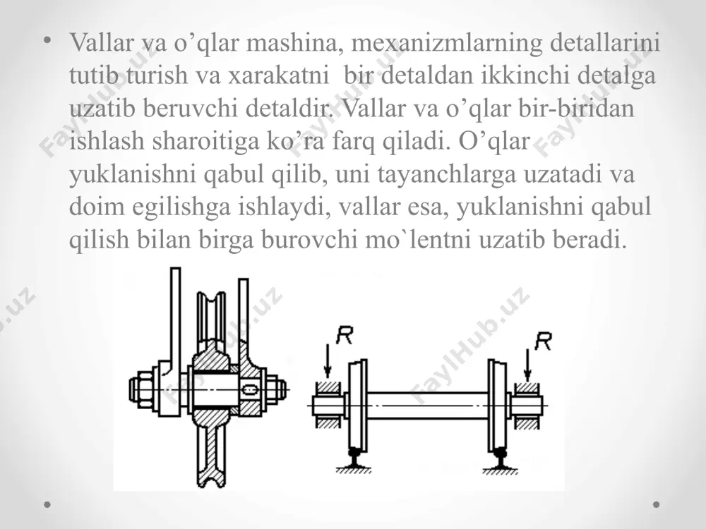 radial yuklanish berilganda val yoki o’qning uchida joylashgan tsapfani ship o’rtasida joylashganini esa bo’yin deyiladi. agarda valga faqat o’q bo’ylab yuklanish berilsa, bunday vallarning aylanadigan qismi tavon deyiladi. val va o’qlar tayyorlash uchun termik ishlov berish mumkin bo’lgan uglerodli va legirlangan 45, 45x markali po’lat materiallar tanlanadi. bunda katta yuklanishli mashina vallari 40xn, 40xn2ma, 30xgsa markali po’lat materiallardan tayyorlanib, ularni xossa-larini yaxshilash, yuqori chastotali tok yordamida toblanadi. katta tezlik bilan aylanuvchi vallar (masalan, sirpanish podshipnik-larida) uglerod bilan to’yintirilgan 20x, 12xn3a, 18xgt yoki azot to’yintirilgan 39x2iyua markali po’lar materiallardan tayyorlana- v di. xro`l bilan to’yintirilgan tsapfaning chidamliligi 3-5 marta ko’p bo’ladi. tirsakli hamda og’irligi katta bo’lgan vallar mustahkamligi yuqori darajali bo’lgan cho’yan materiallardan tayyorlanishi mumkin. vallar va o`qlar - tishli g’ildirak , shkiv va shu kabi aylanuvchi qismlarni o`rnatish uchun ishlatiladigan asosiy detallardir . tuzilishi jixatidan olinganda o’q bilan valning deyarli uncha farqi yo’q. lekin bajariladigan vazifaga ko’ra , ular bir- …